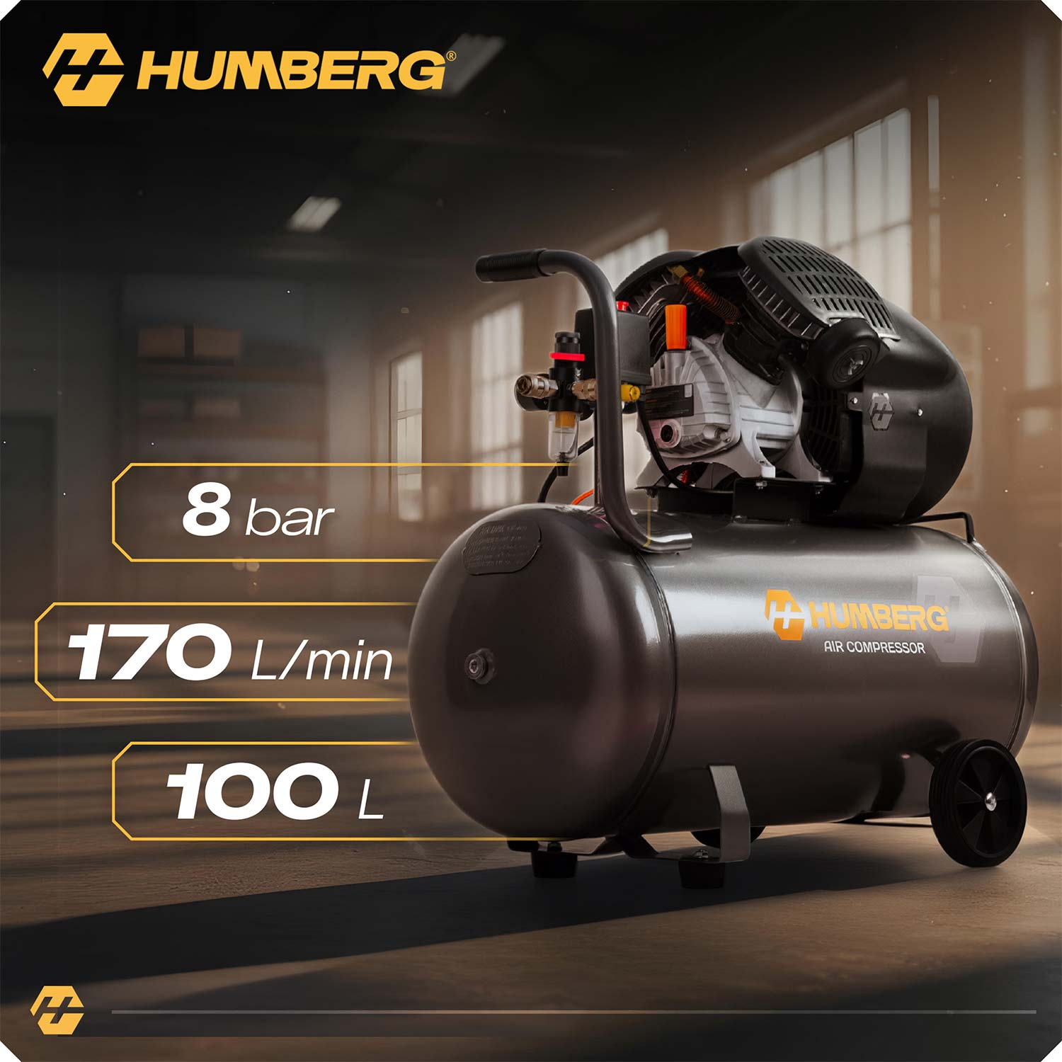 Ciemnoszary kompresor powietrza HEMBERG ze specyfikacją 8 bar, 170 L/min, 100 L.