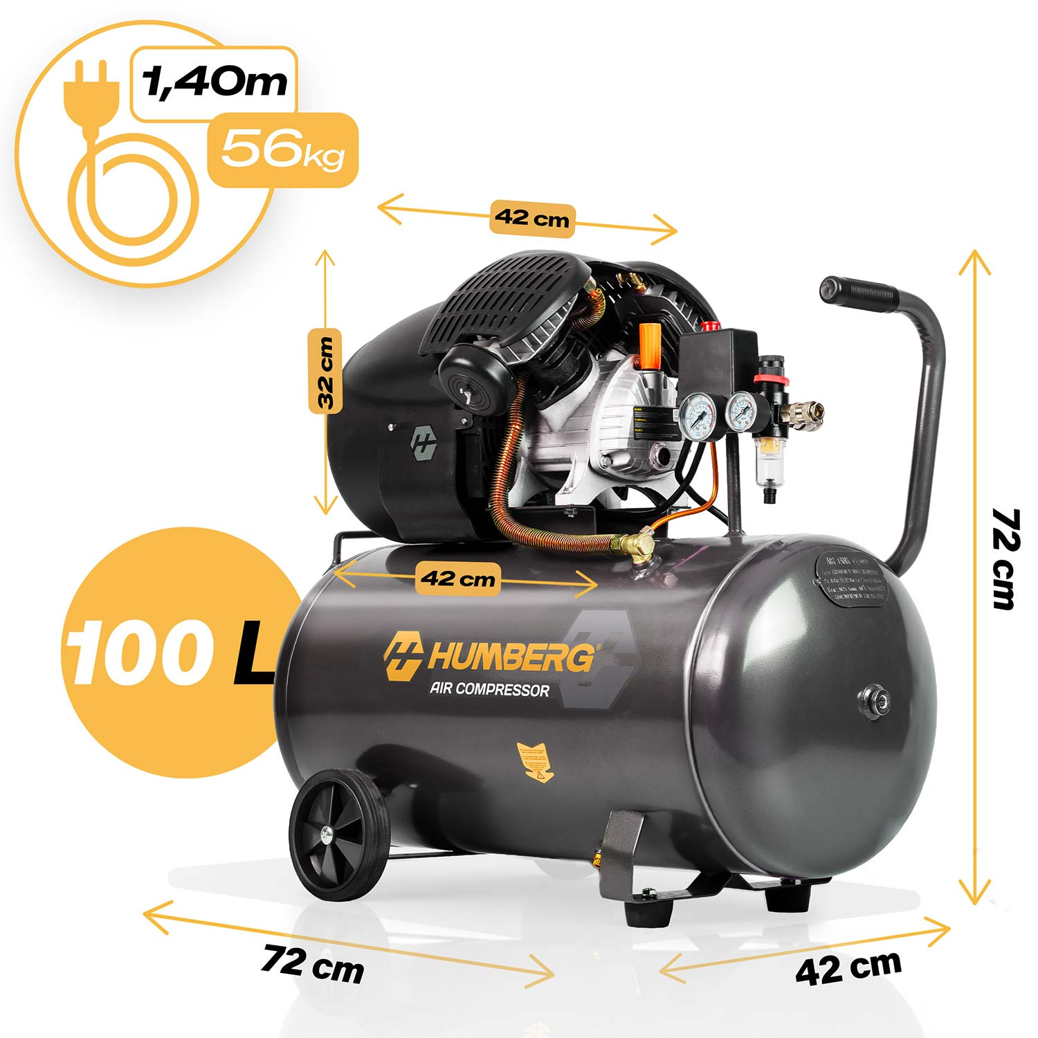 Szary kompresor powietrza 100L z kołami, wys. 72cm, szer. 42cm, 56kg, kabel 1,40m.