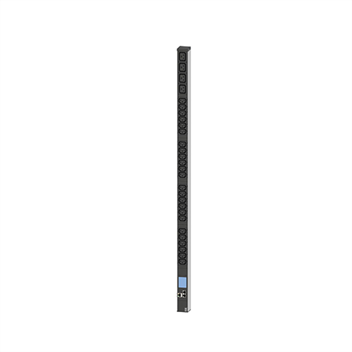 Une multiprise noire verticale avec de nombreuses prises et un écran bleu.