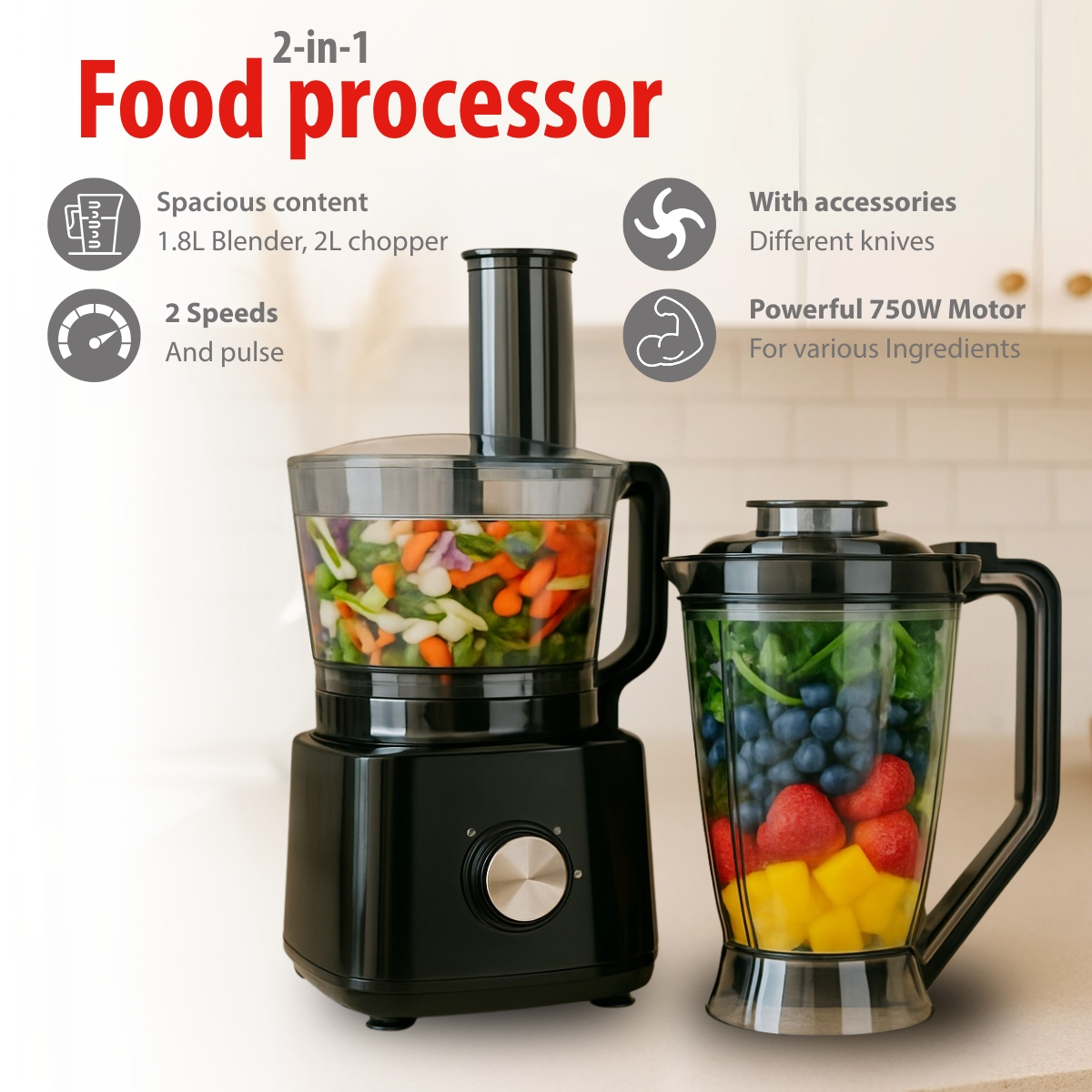 Black 2-in-1 food processor with accessories, filled with vegetables and fruit.