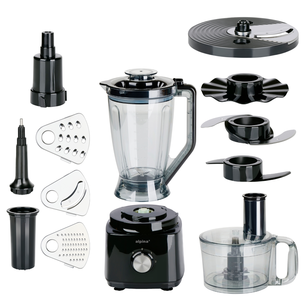 A food processor set with blender attachment, chopper, and accessories.