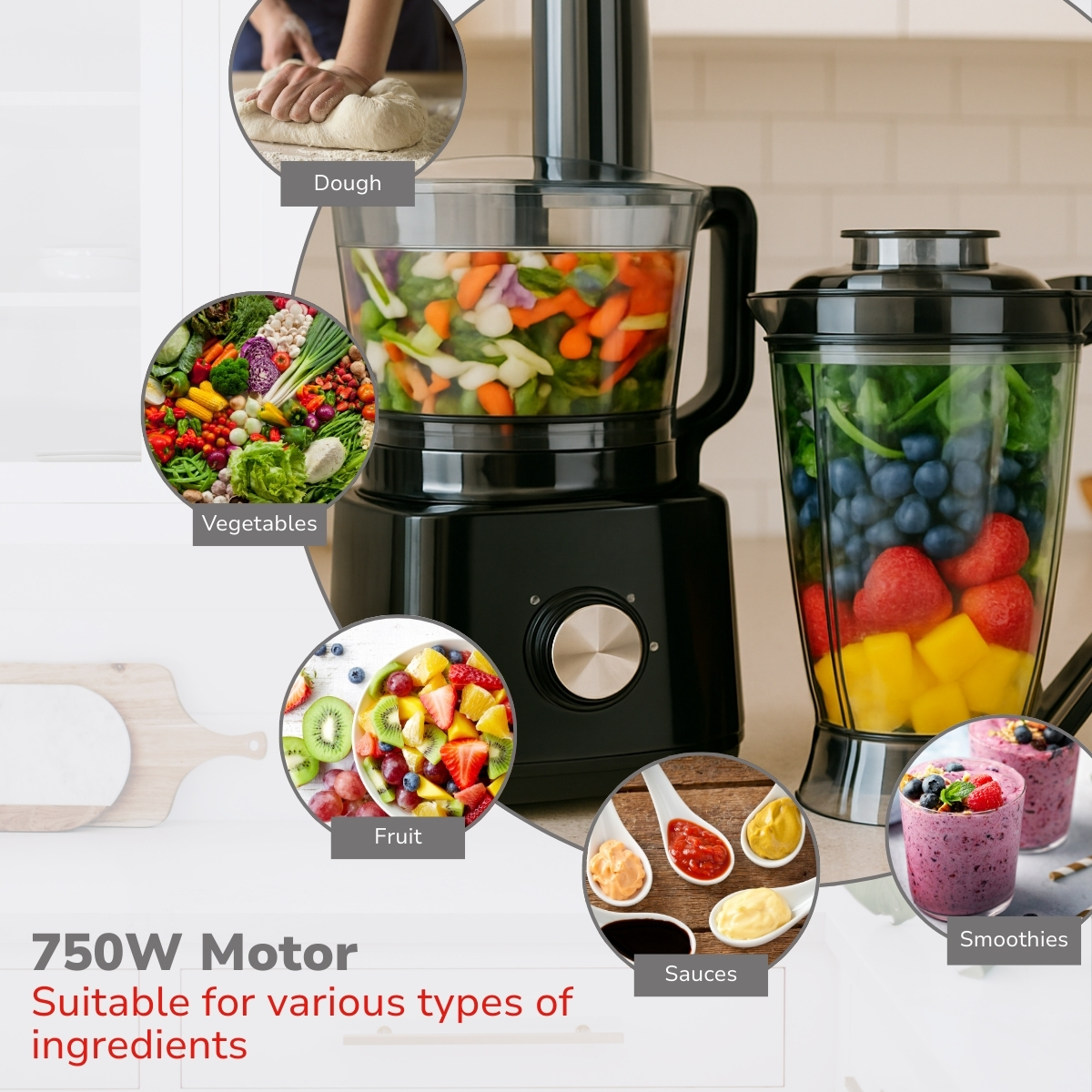 Food processor with ingredients: dough, vegetables, fruit, sauces, smoothies.