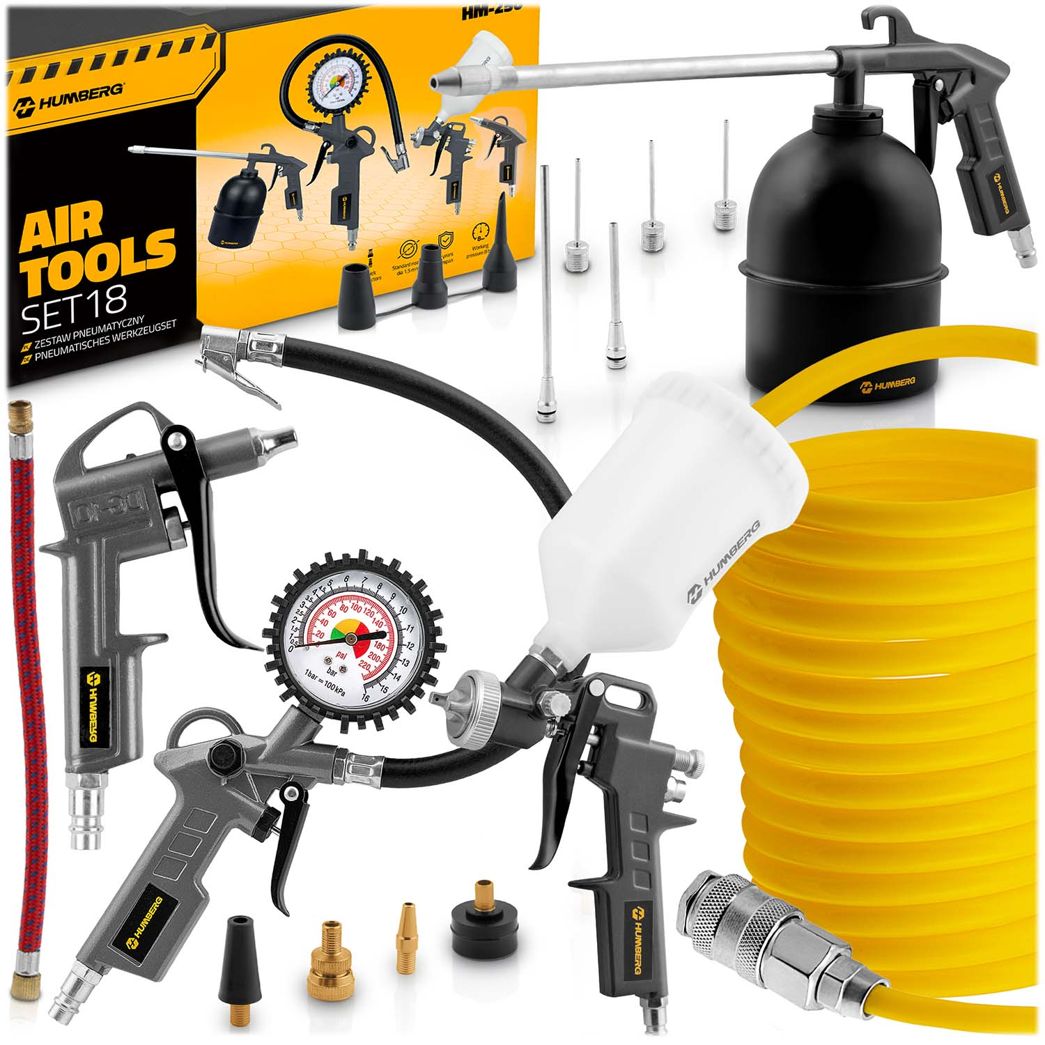 Zestaw narzędzi pneumatycznych: pistolet lakierniczy, pompowacz do opon z manometrem.
