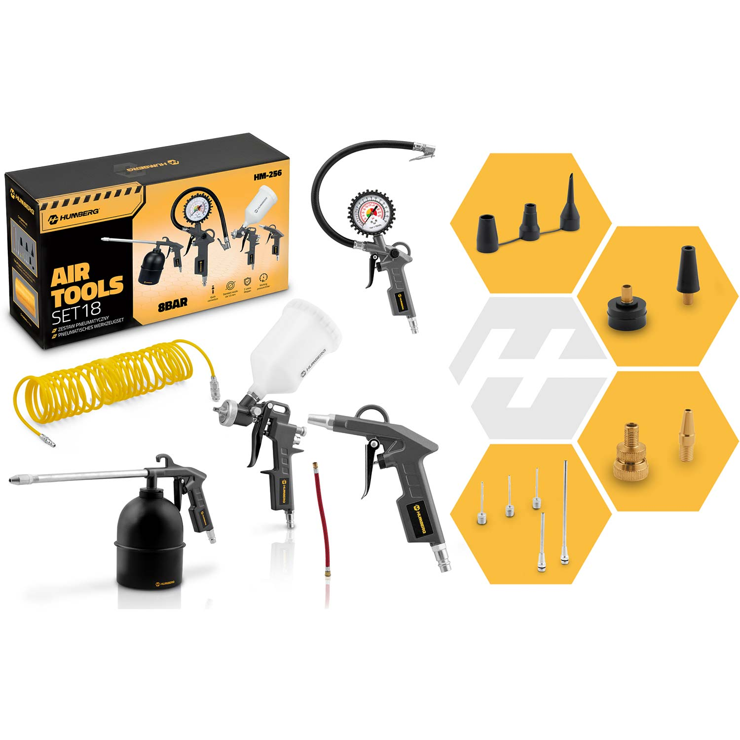 Zestaw narzędzi pneumatycznych z pistoletami natryskowymi, pompką do opon i akcesoriami.