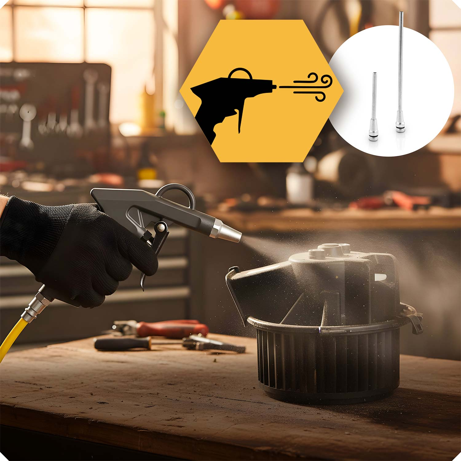 Ręka w rękawicy czyści czarny wentylator strumieniem powietrza.