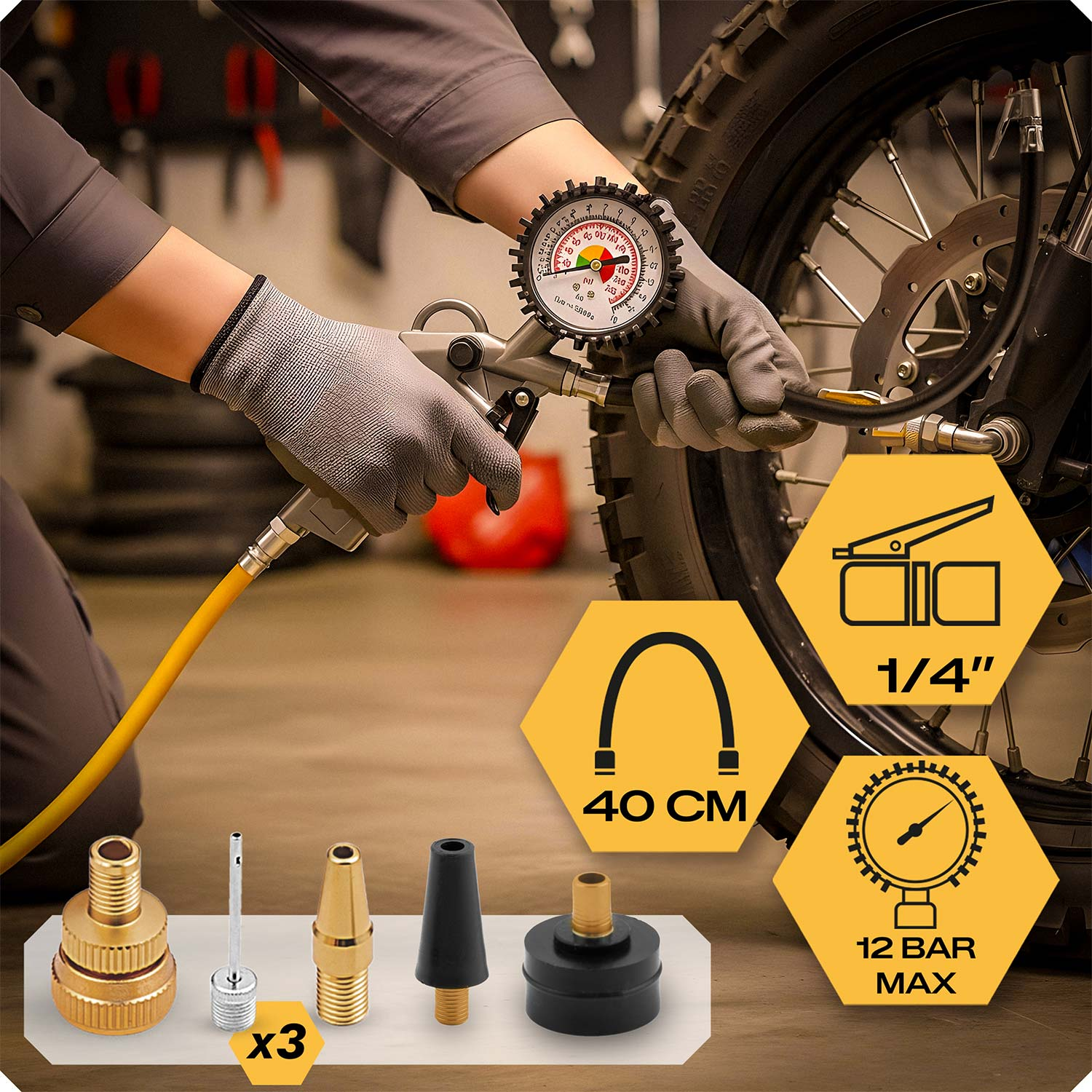 Osoba sprawdza oponę motocykla manometrem i akcesoriami.