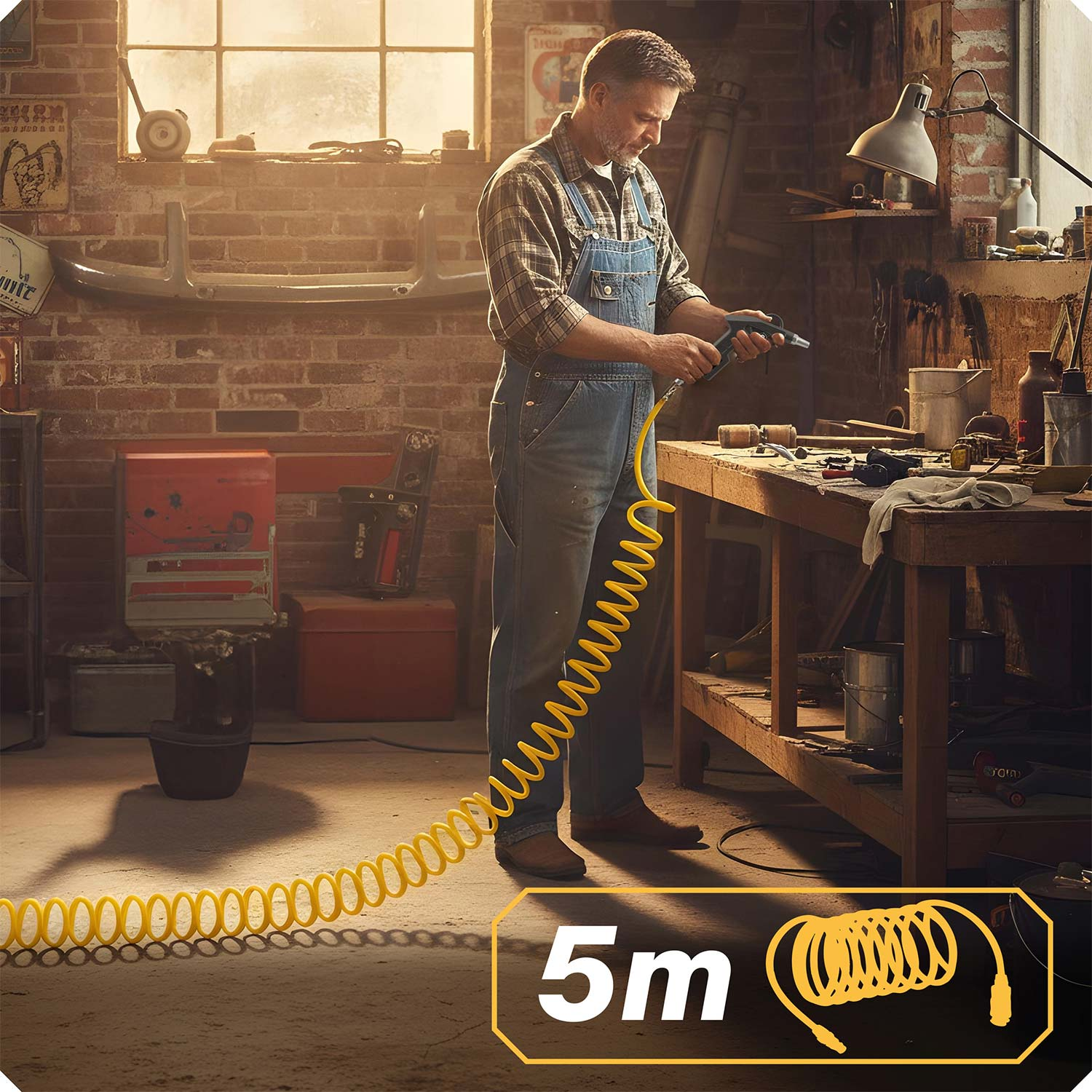 Mężczyzna w ogrodniczkach trzyma narzędzie z żółtym wężem w warsztacie.