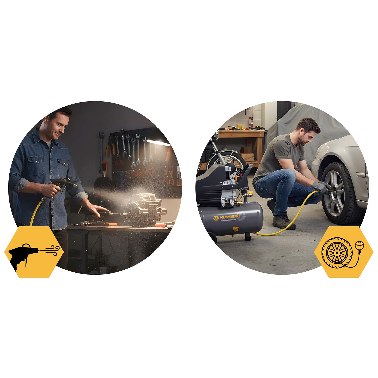 Mężczyzna czyści silnik, mężczyzna pompuje oponę kompresorem.