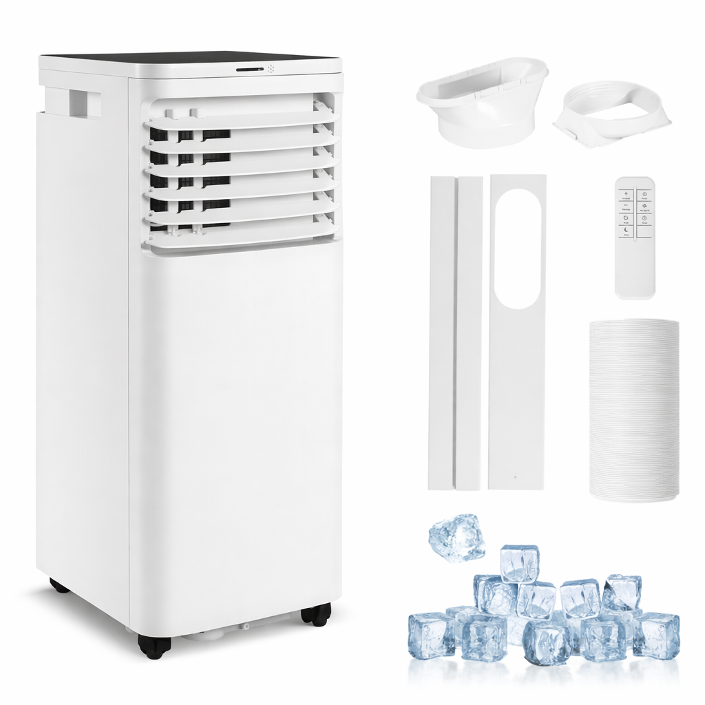 Un kit di condizionatore portatile bianco con accessori e cubetti di ghiaccio.