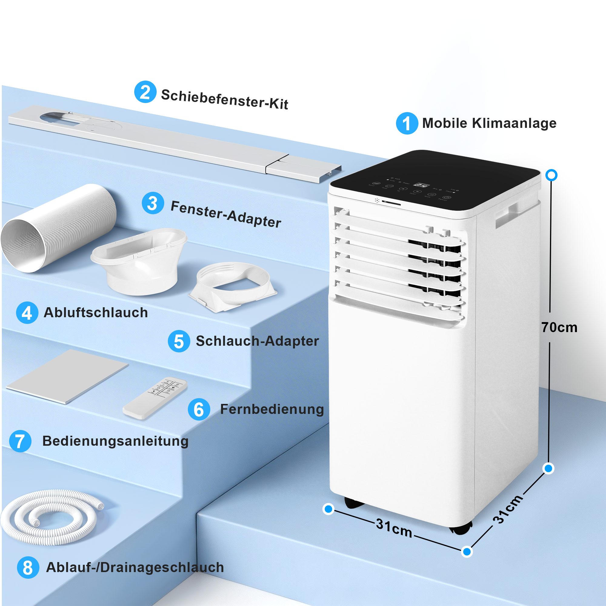 Mobilna klimatyzacja z akcesoriami: wąż wywiewny, adapter okienny, pilot.