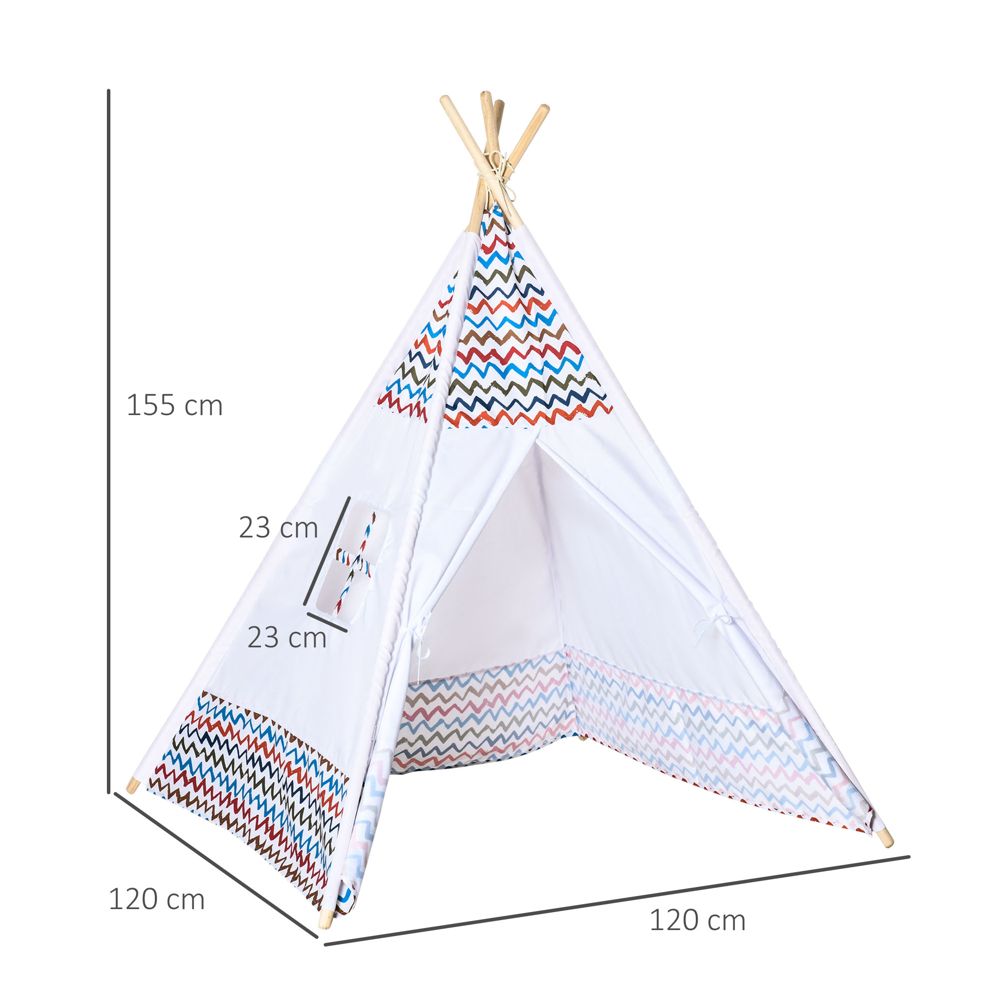 Una tienda tipi blanca para niños, con patrones de zigzag coloridos. Dimensiones: 155cm alto, 120cm ancho.