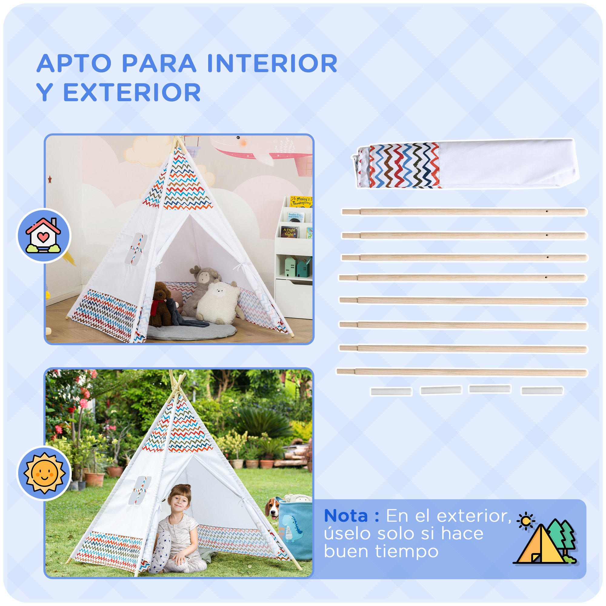 Tienda de tipi para niños interior y exterior con postes y tela para montaje.
