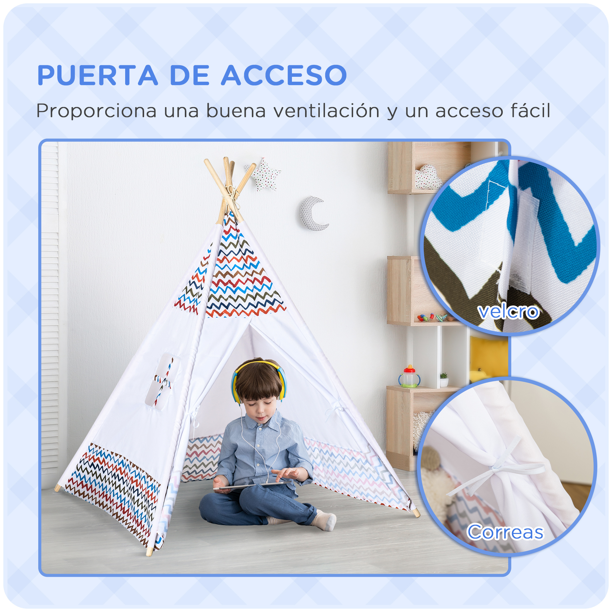 Un niño con auriculares juega en una tablet dentro de un tipi blanco con estampado.