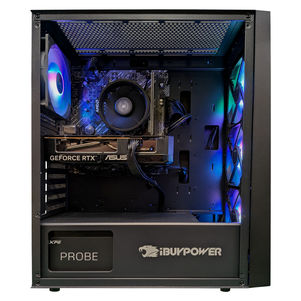 Una PC abierta que muestra ventiladores RGB, tarjeta gráfica y placa base.