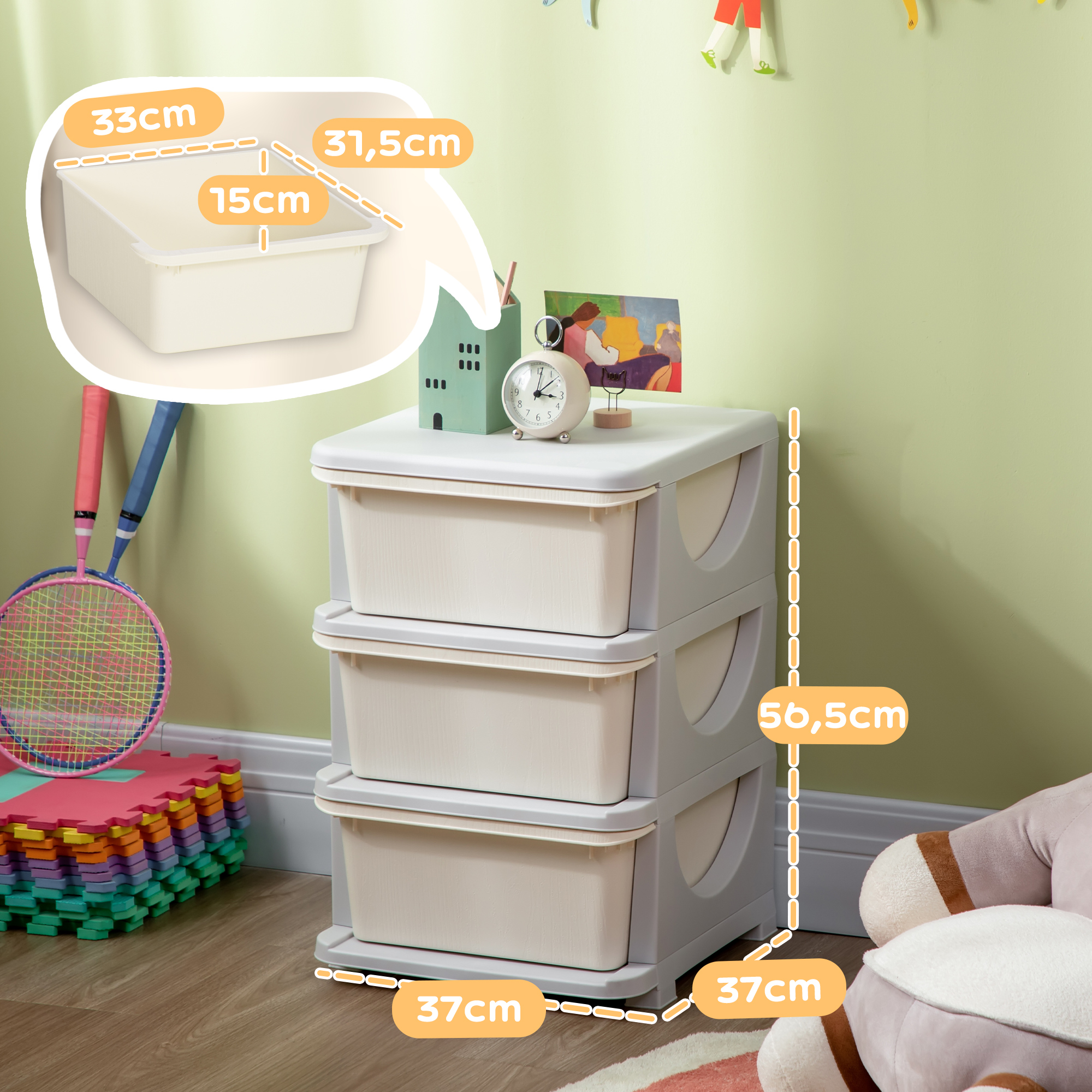 Cajoneras blancas con medidas. Juguetes infantiles al fondo.