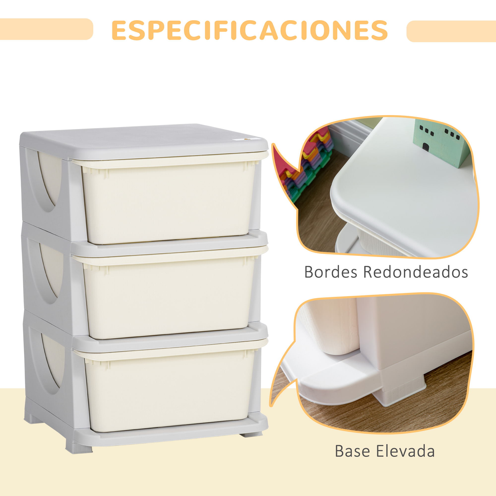 Un mueble de almacenamiento gris con tres cajones color crema.