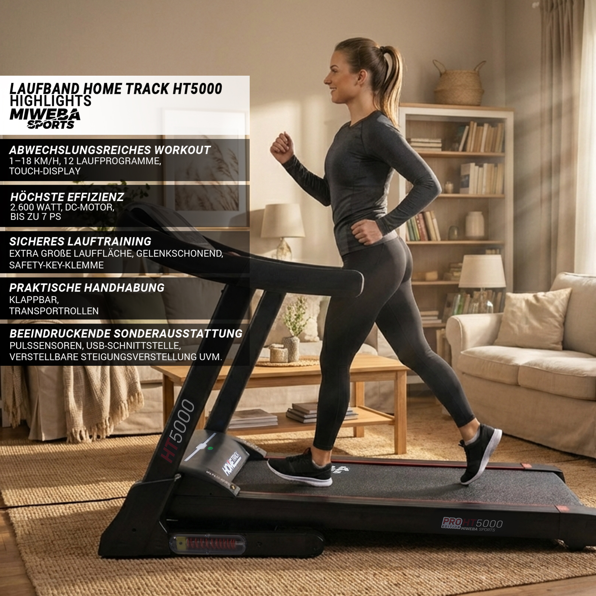 Eine Frau läuft auf einem Laufband in einem Wohnzimmer. Links sind Produktmerkmale aufgelistet.
