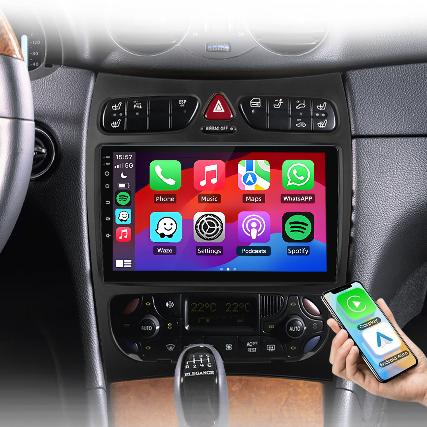 Sistema di infotainment per auto con integrazione smartphone e app come Telefono, Musica, Mappe, WhatsApp.