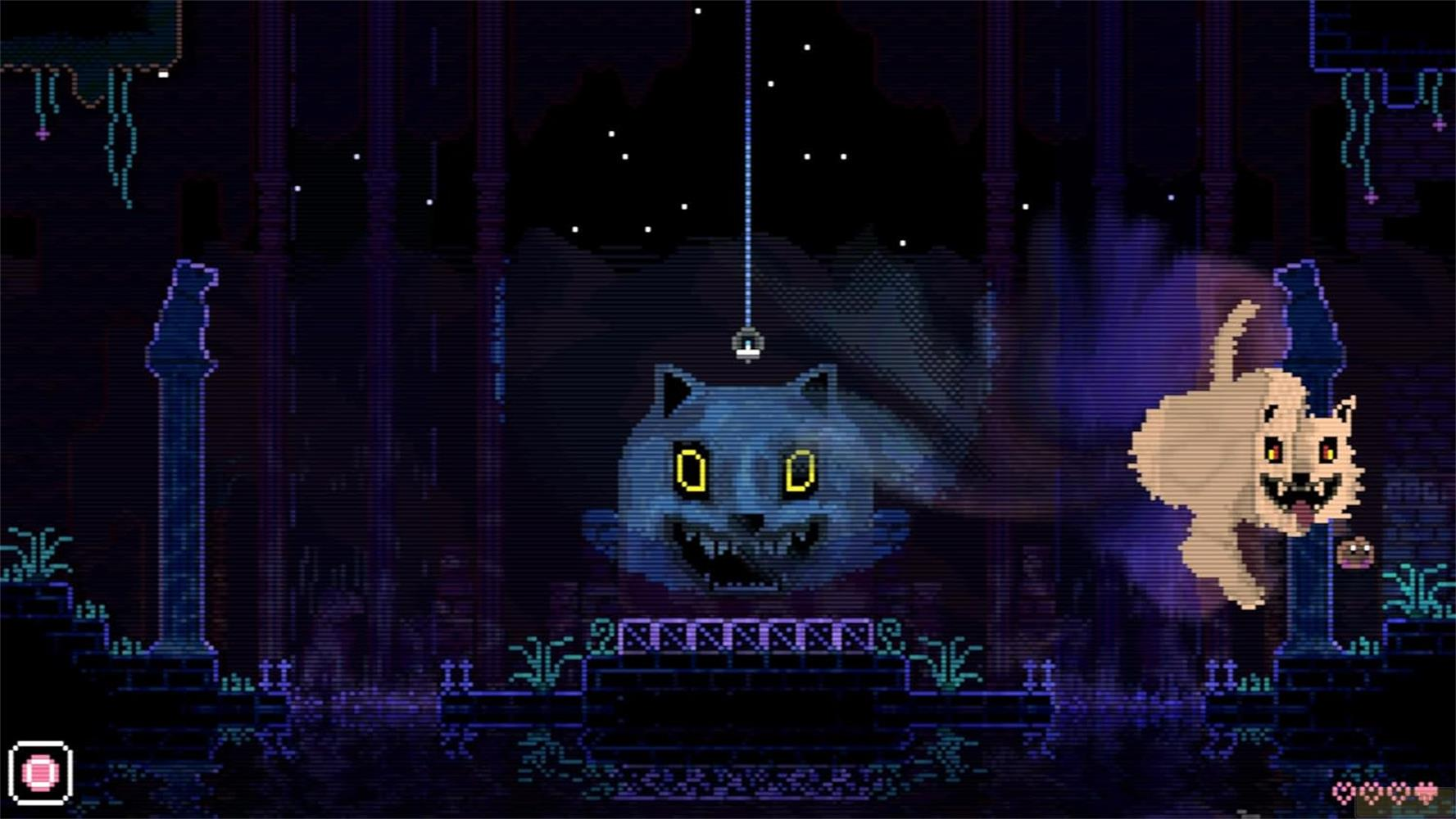 Scena pixel art z wilkiem-duchem unoszącym się z góry i innym wilkiem-duchem.