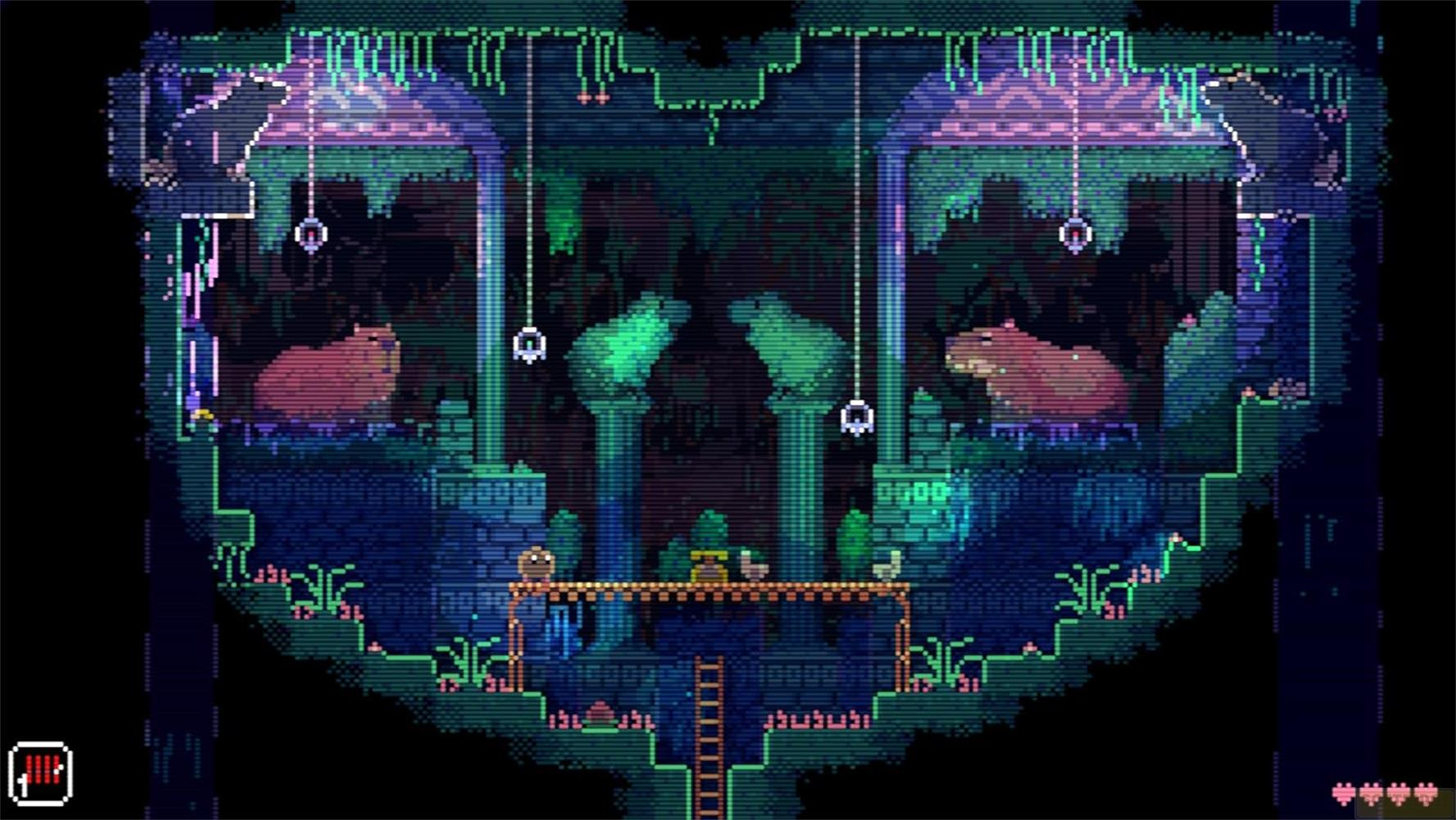 Scena pixel art z dwoma kapibarami w bujnym, niebiesko-zielonym otoczeniu.