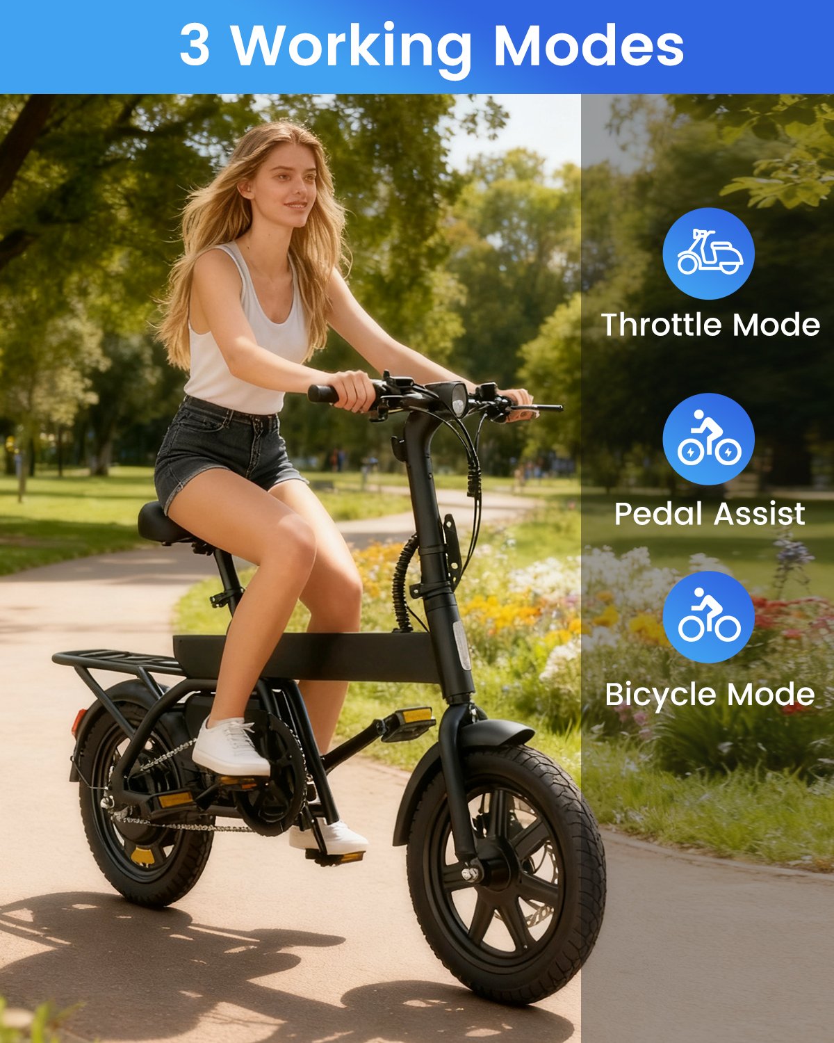 Junge Frau fährt E-Bike in Park; 3 Fahrmodi: Gas, Pedal, Fahrrad