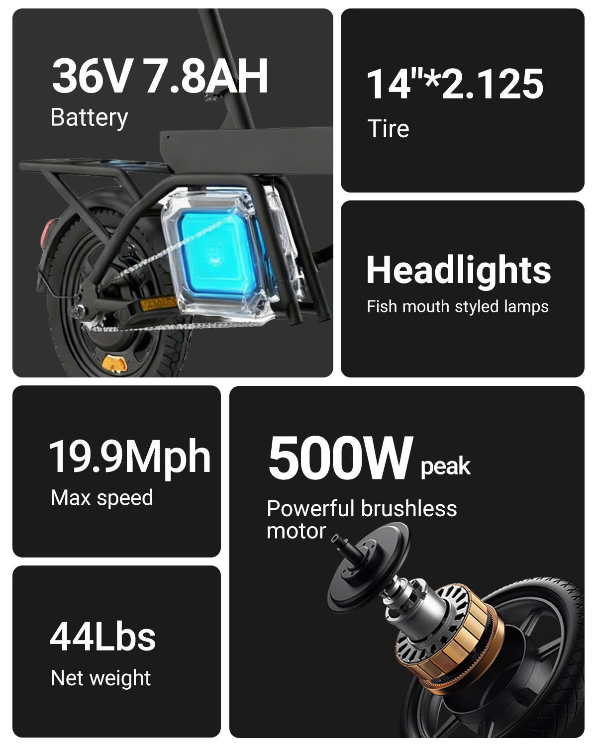 Details eines Elektrofahrrads: 36V 7.8AH Akku, 14" Reifen, 500W Motor.
