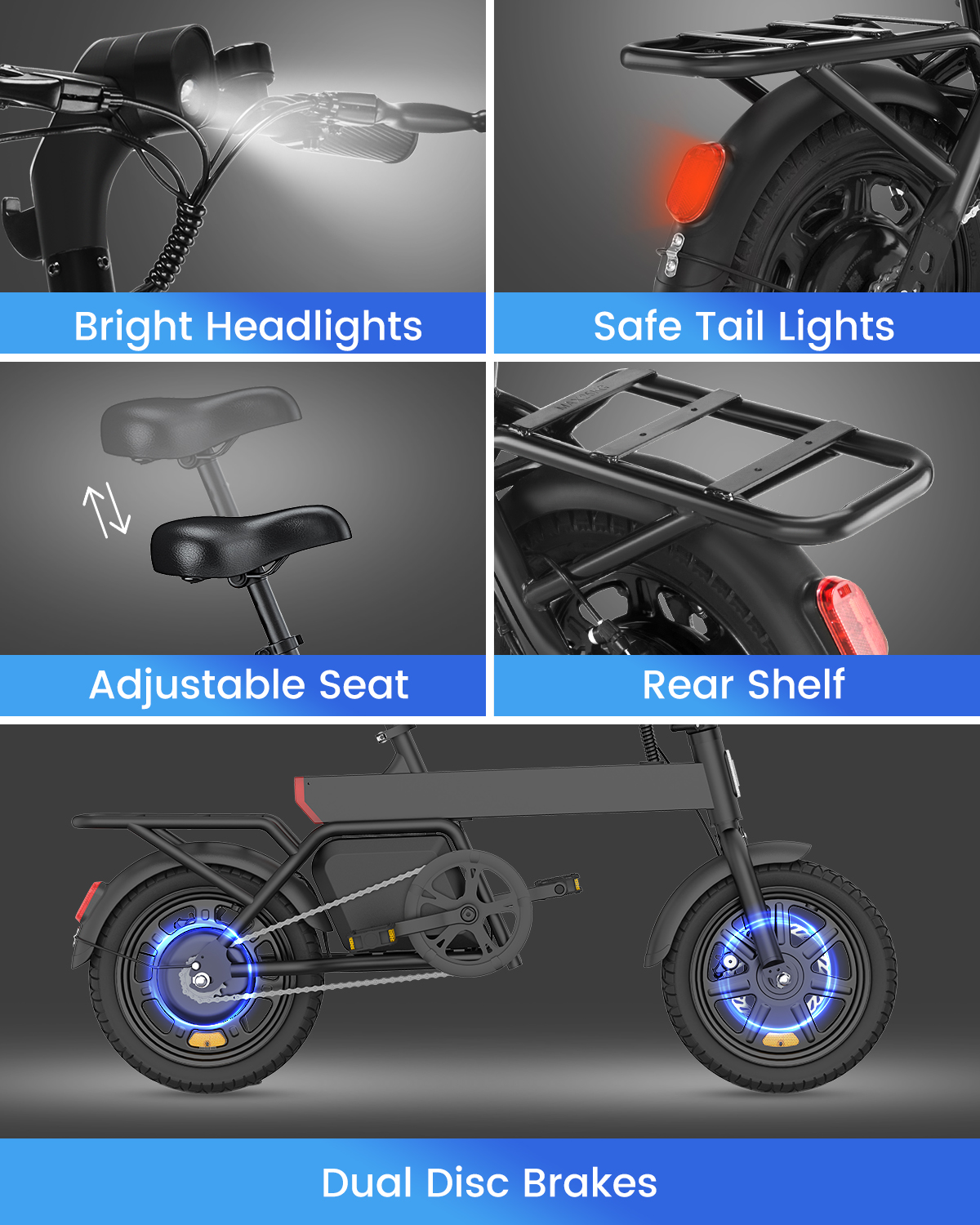 Nahaufnahmen eines E-Bikes mit hellen Lichtern, verstellbarem Sitz, Rücklicht und Bremse.