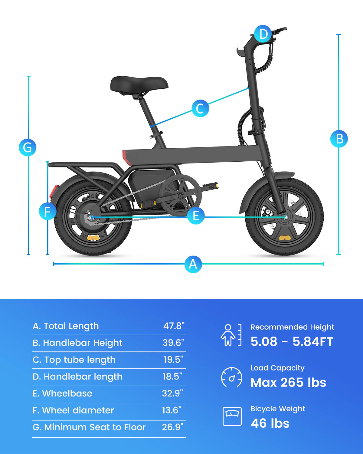 Ein schwarzes faltbares E-Bike mit Maßen und Spezifikationen.