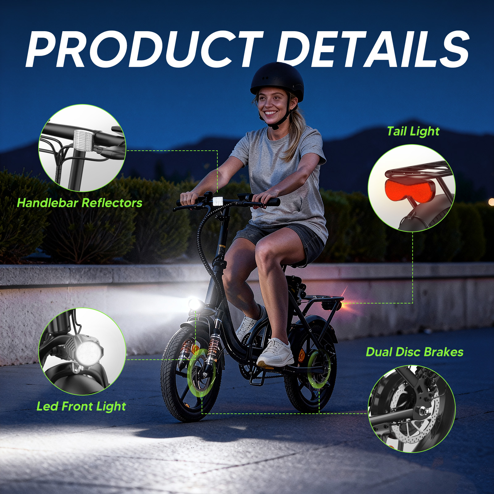 Donna su e-bike con luce, riflettori e freni a disco.