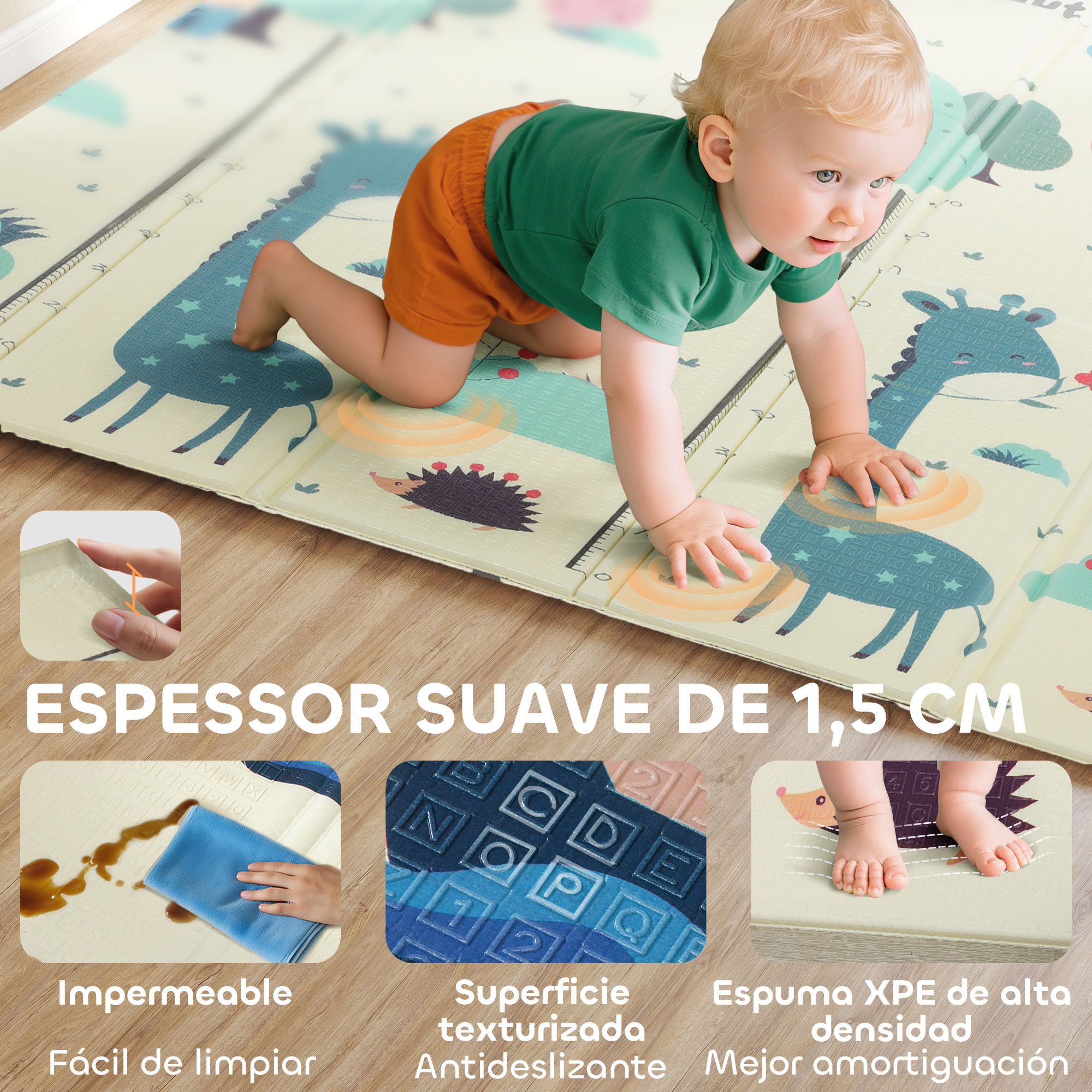Bebé gateando en alfombra de juegos con diseño de jirafa. 1,5 cm.