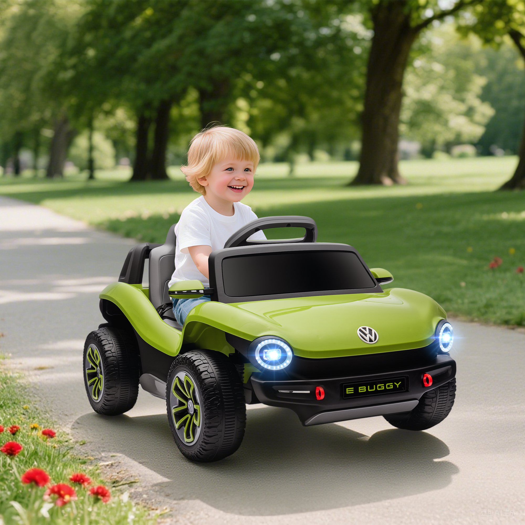 Un niño conduce un coche eléctrico verde en un parque.