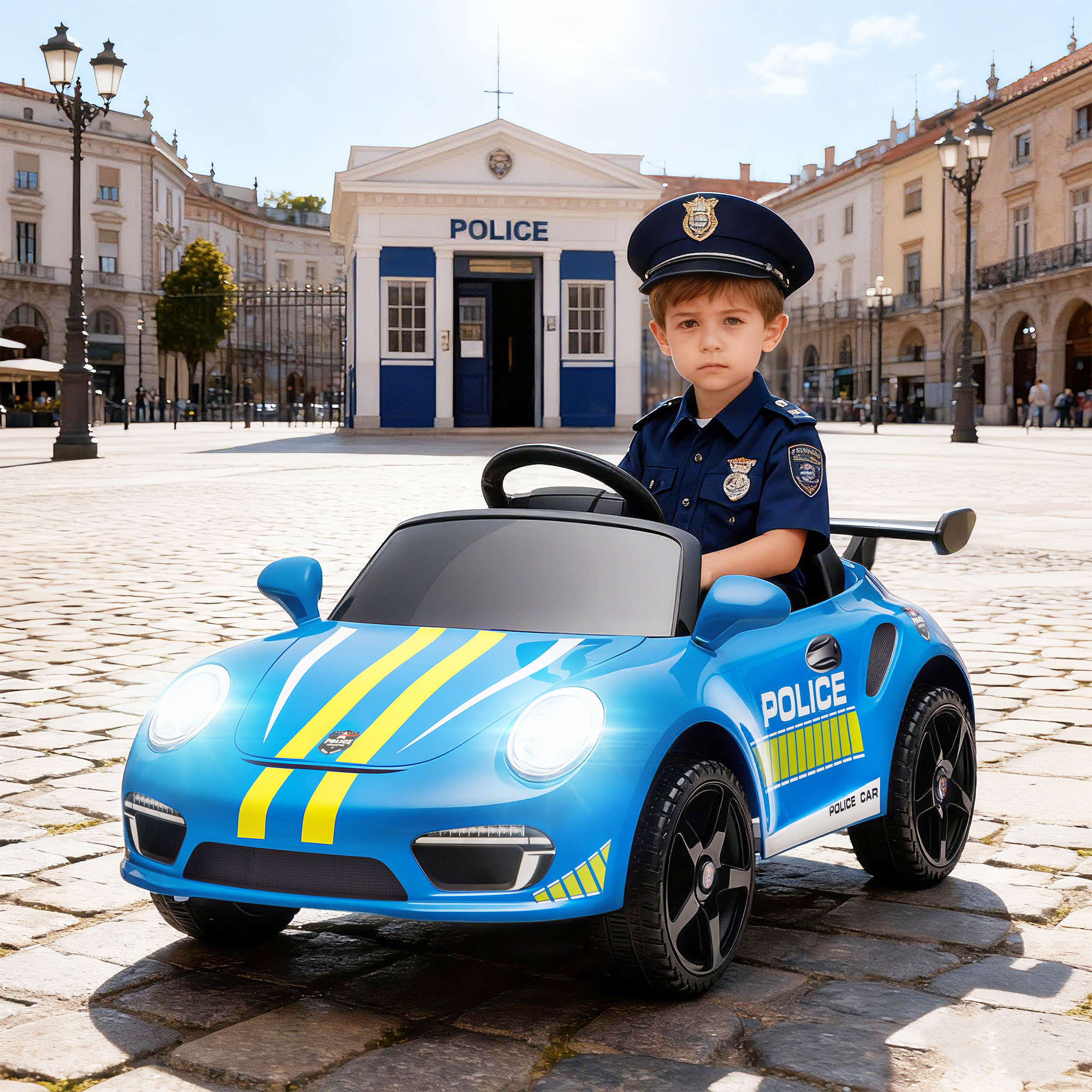 Un niño con uniforme de policía se sienta en un coche de policía de juguete azul.