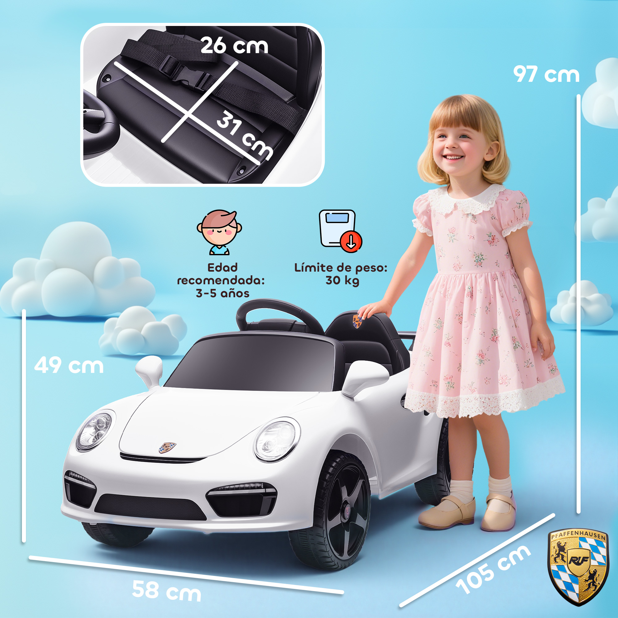 Un coche de juguete blanco con una niña con vestido rosa. Se indican medidas.