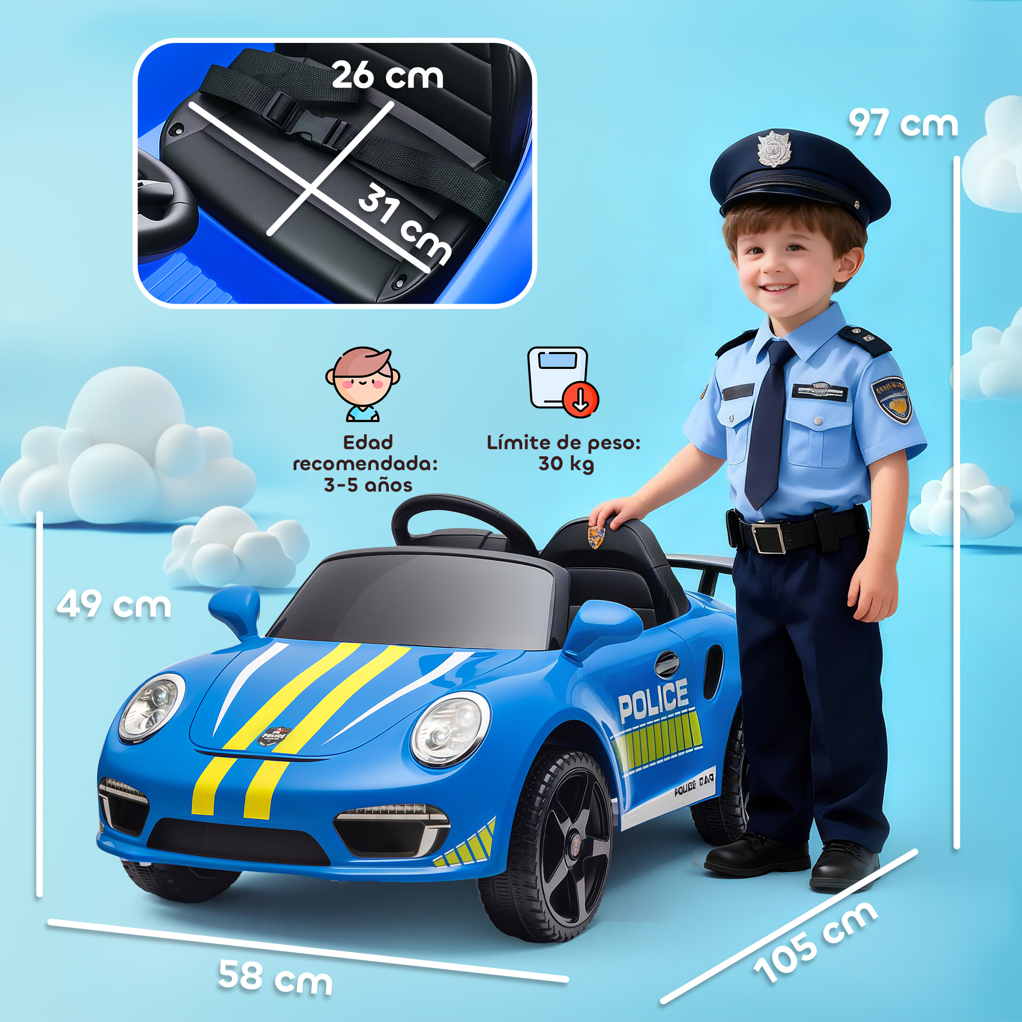 Un niño con uniforme de policía está junto a un coche patrulla de juguete azul.