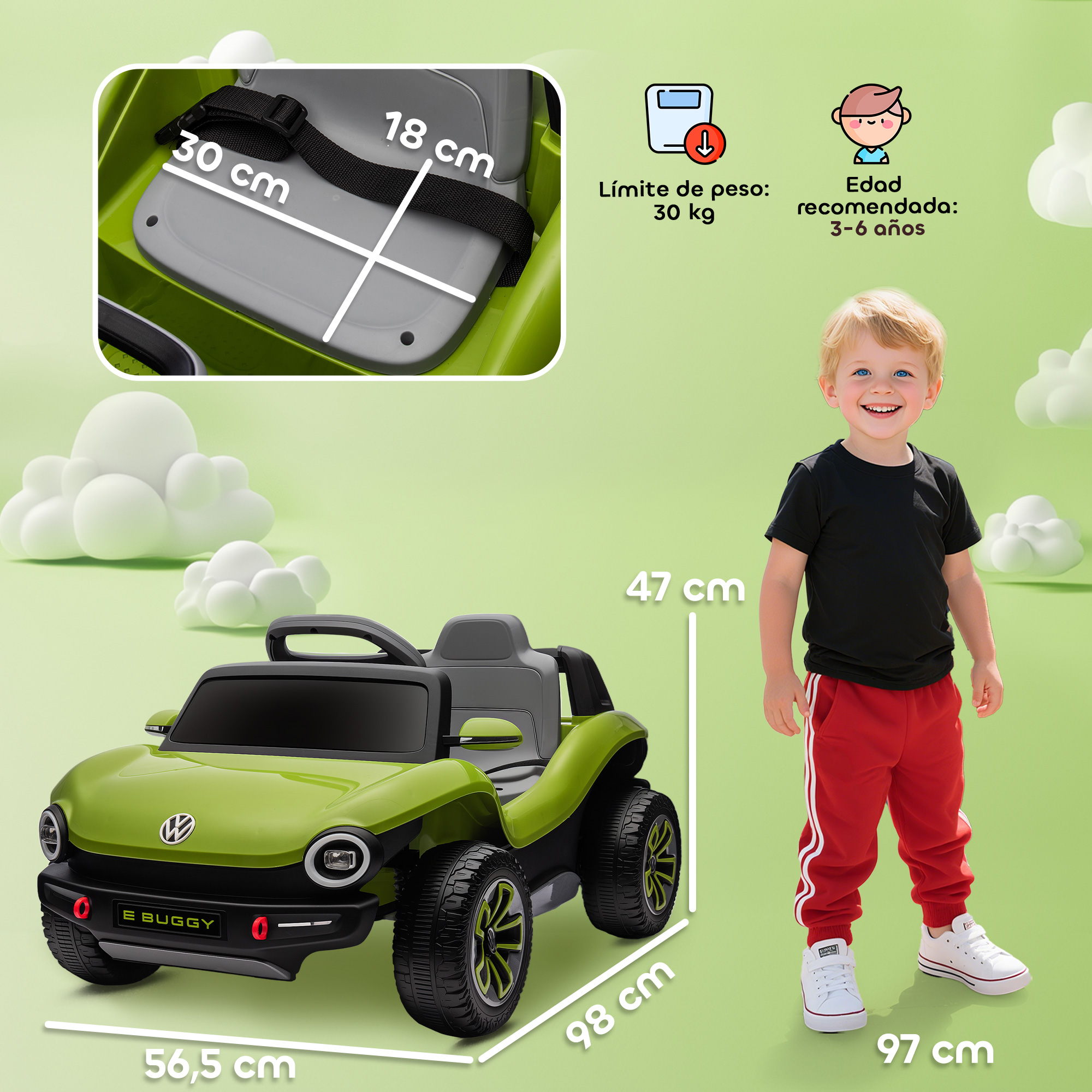 Un niño junto a un buggy verde. Se muestran dimensiones y recomendaciones de edad.