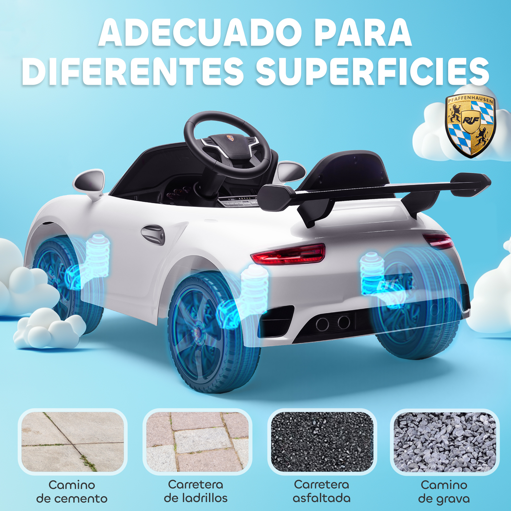 Un coche de juguete blanco con diagramas de amortiguadores sobre las ruedas.