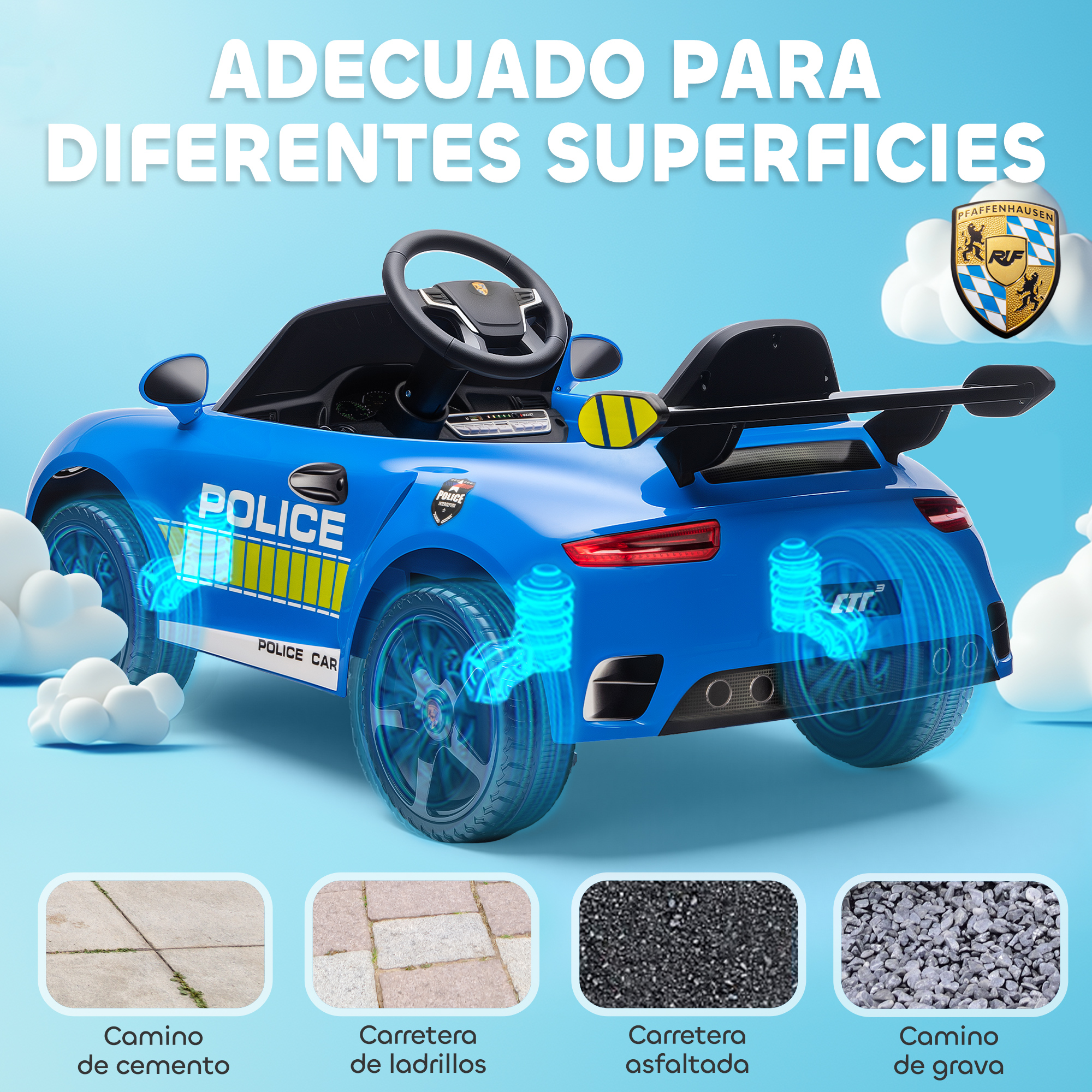 Coche de policía azul con pegatinas, apto para diversas superficies.