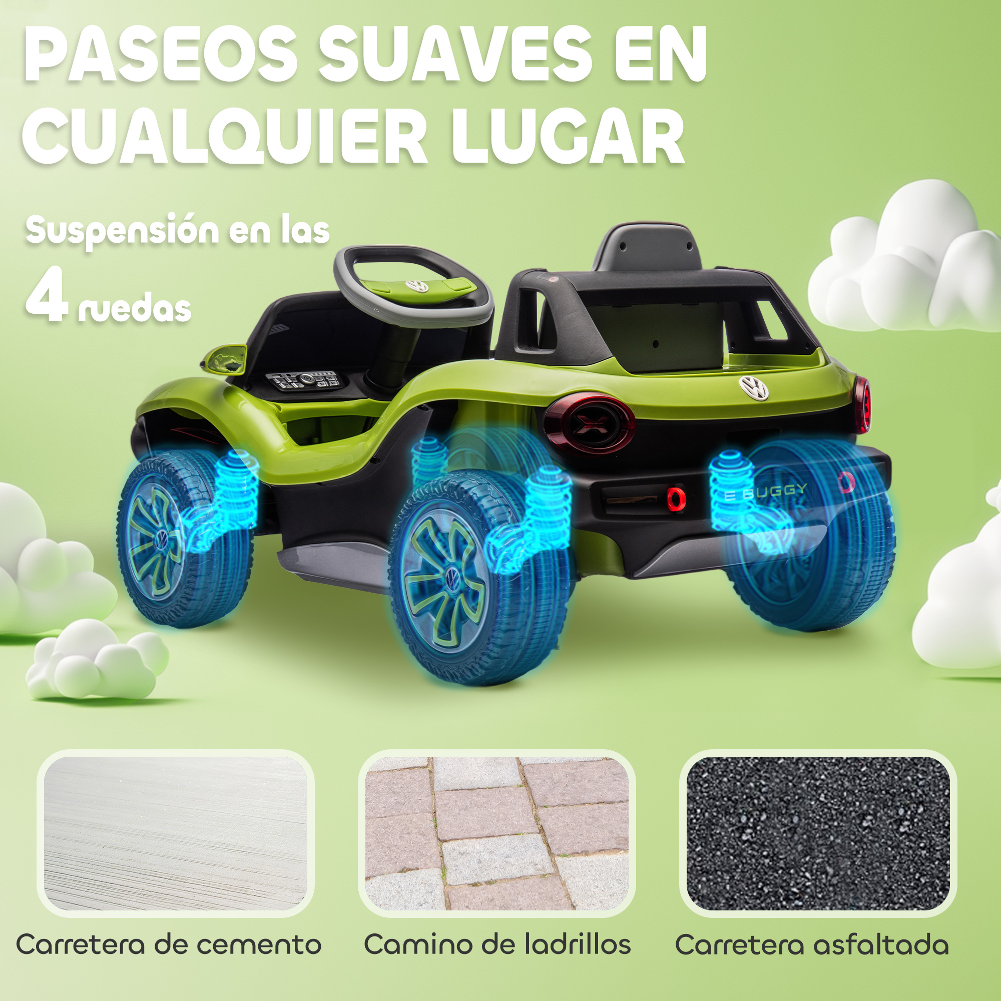 Un coche eléctrico verde con suspensión en 4 ruedas y tres superficies.