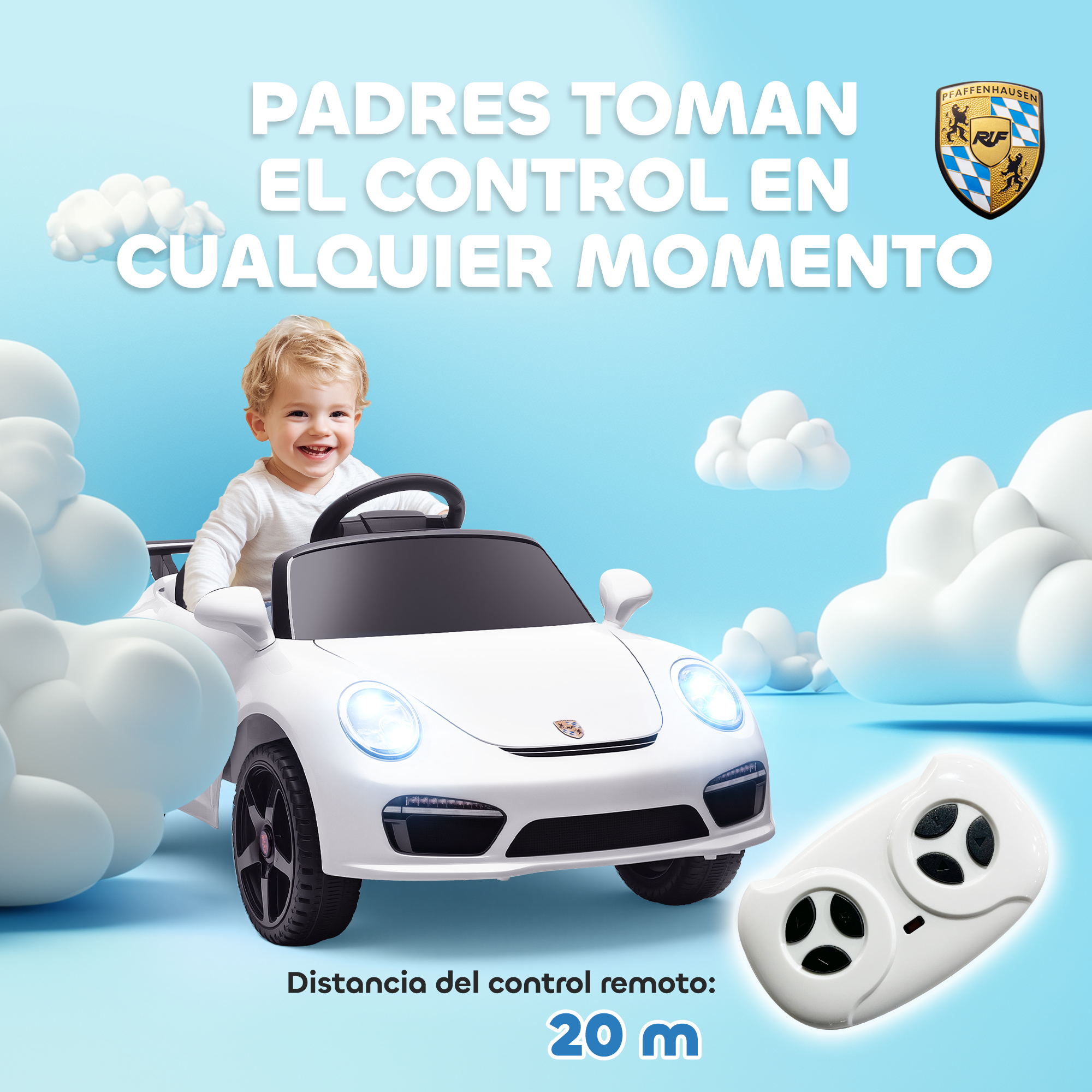 Un niño sonriente en un coche de juguete blanco con control remoto. Nubes y texto.