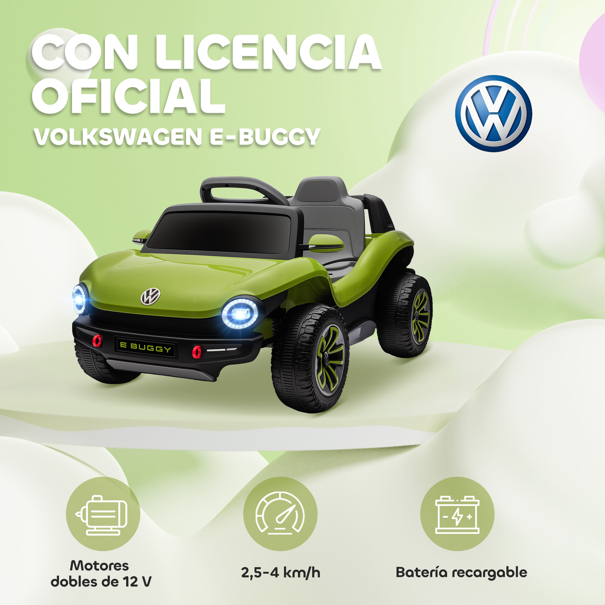E-Buggy VW verde con motores duales 12V, 2,5-4 km/h, recargable.