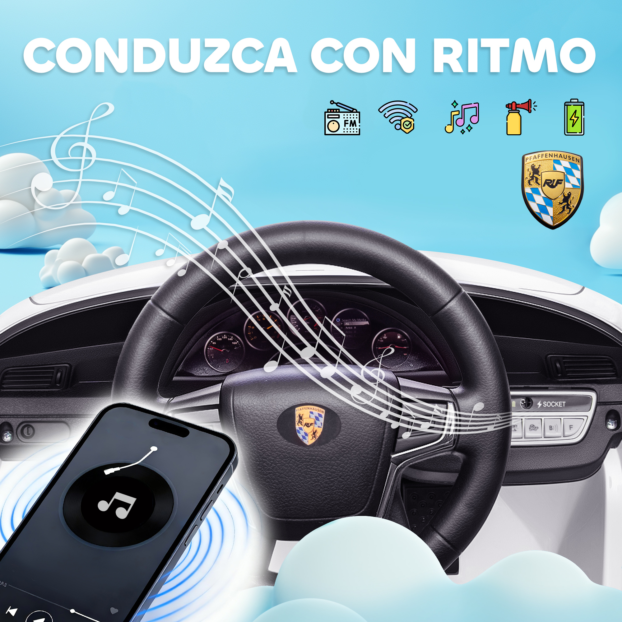 Un salpicadero de coche de juguete blanco con volante, teléfono y notas musicales.