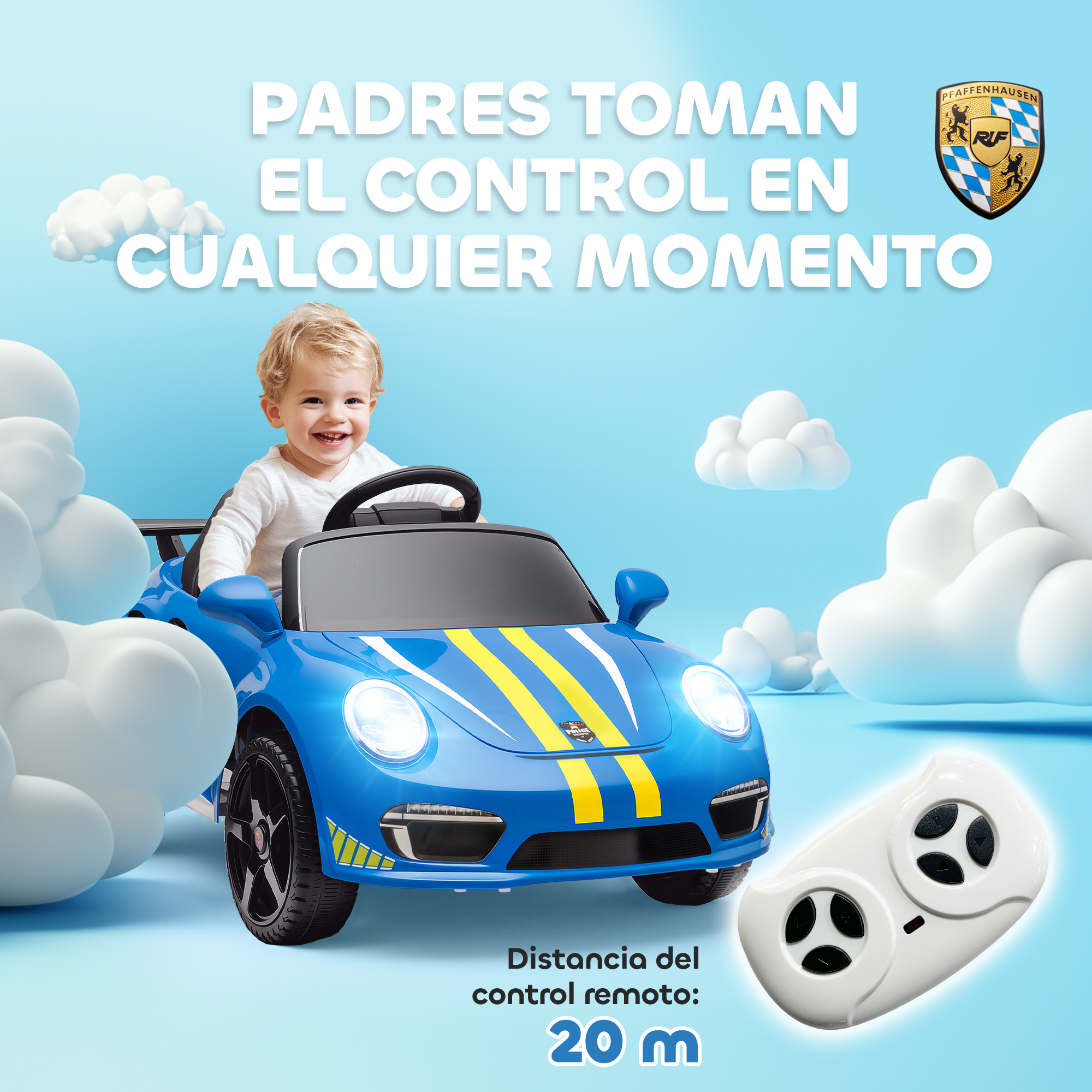 Un niño conduce un coche de juguete azul con control remoto, nubes de fondo.