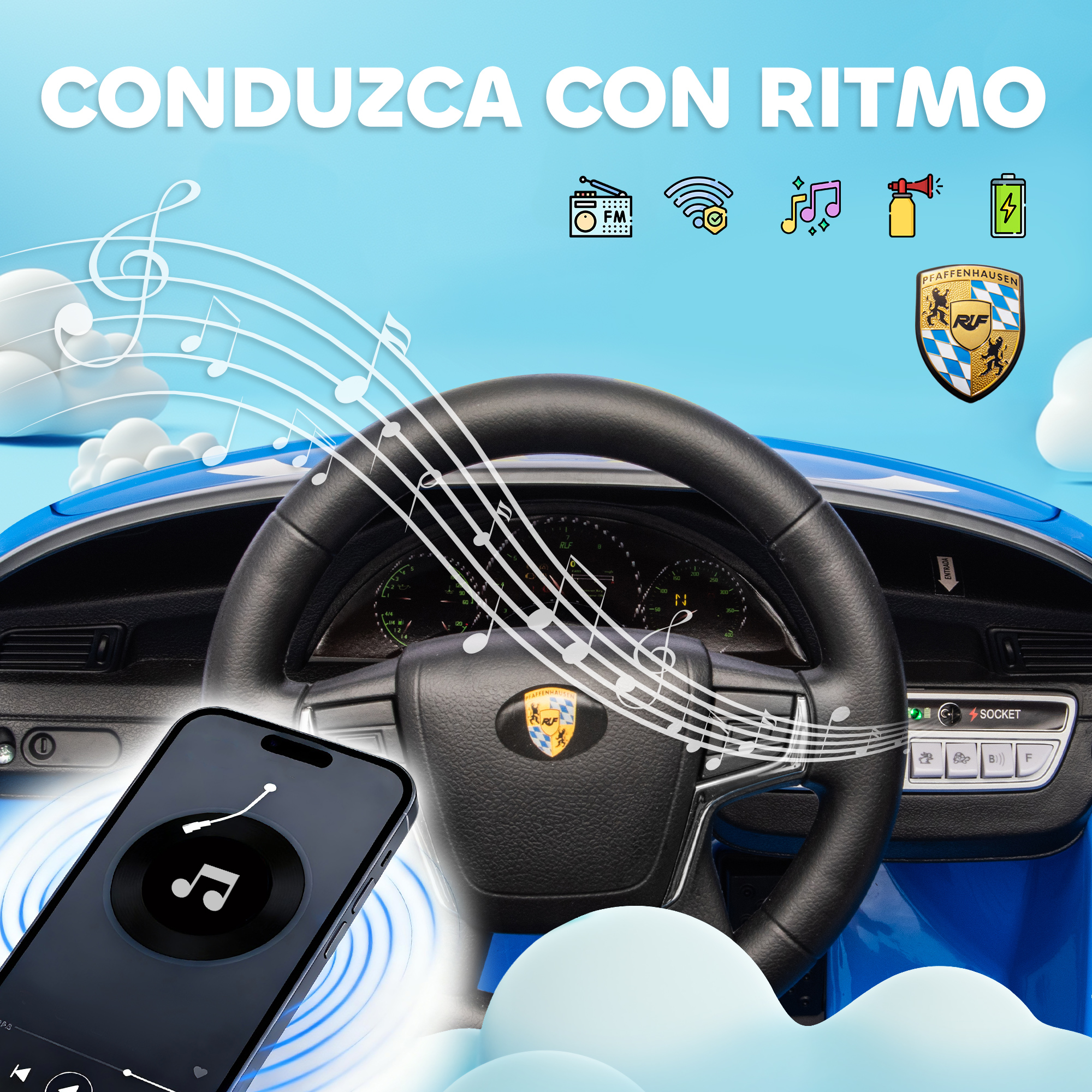 Cabina de coche de juguete azul con volante, teléfono y notas musicales.