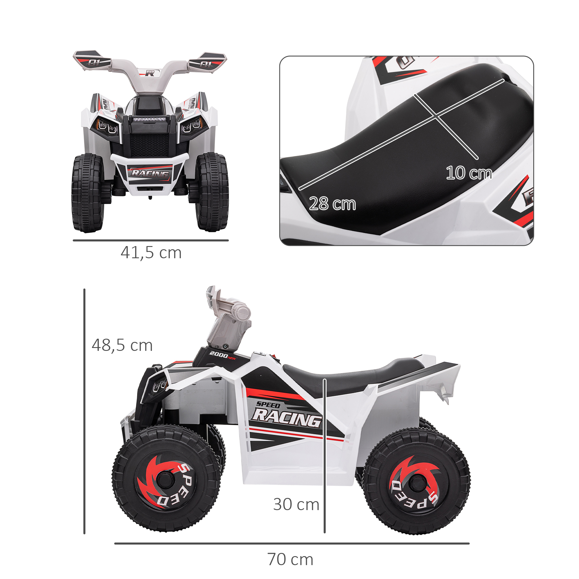 Un quad infantil blanco con calcomanías rojas y negras y marcas de dimensiones.