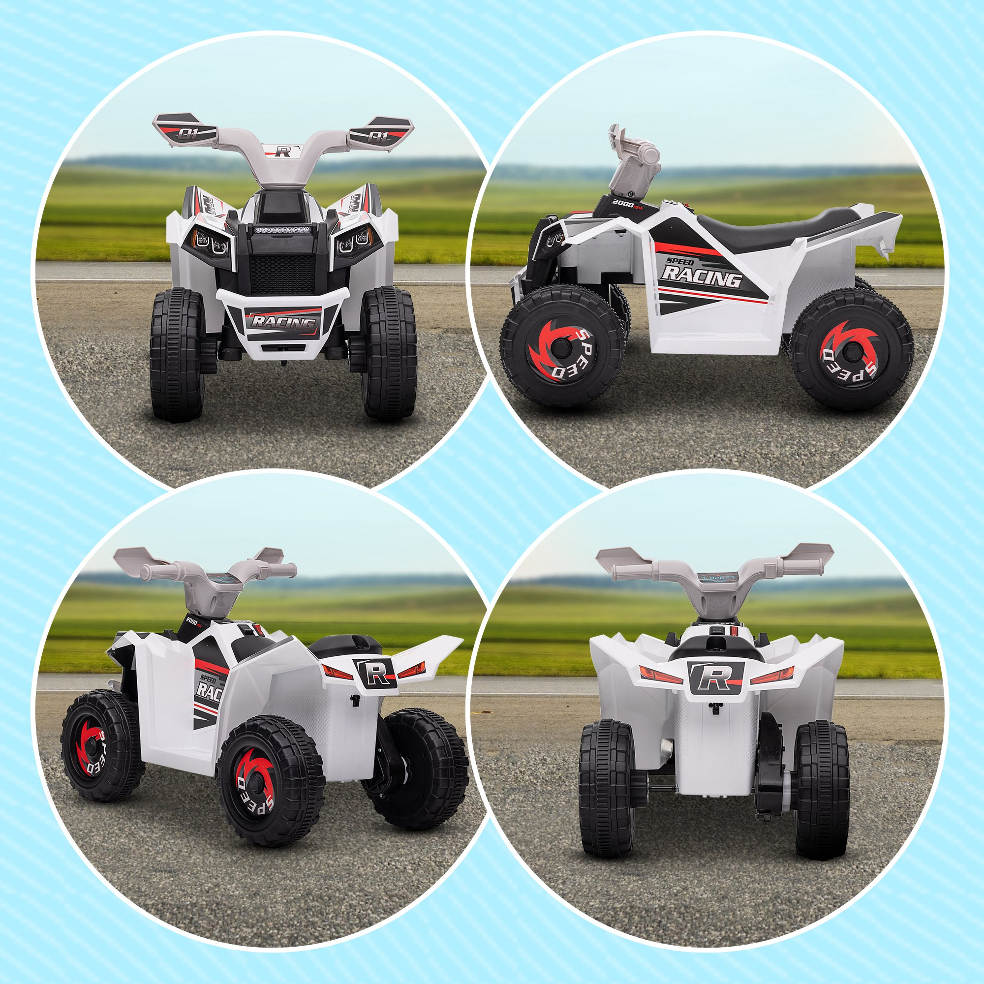 Un quad blanco para niños con franjas rojas de carreras y texto "SPEED RACING".