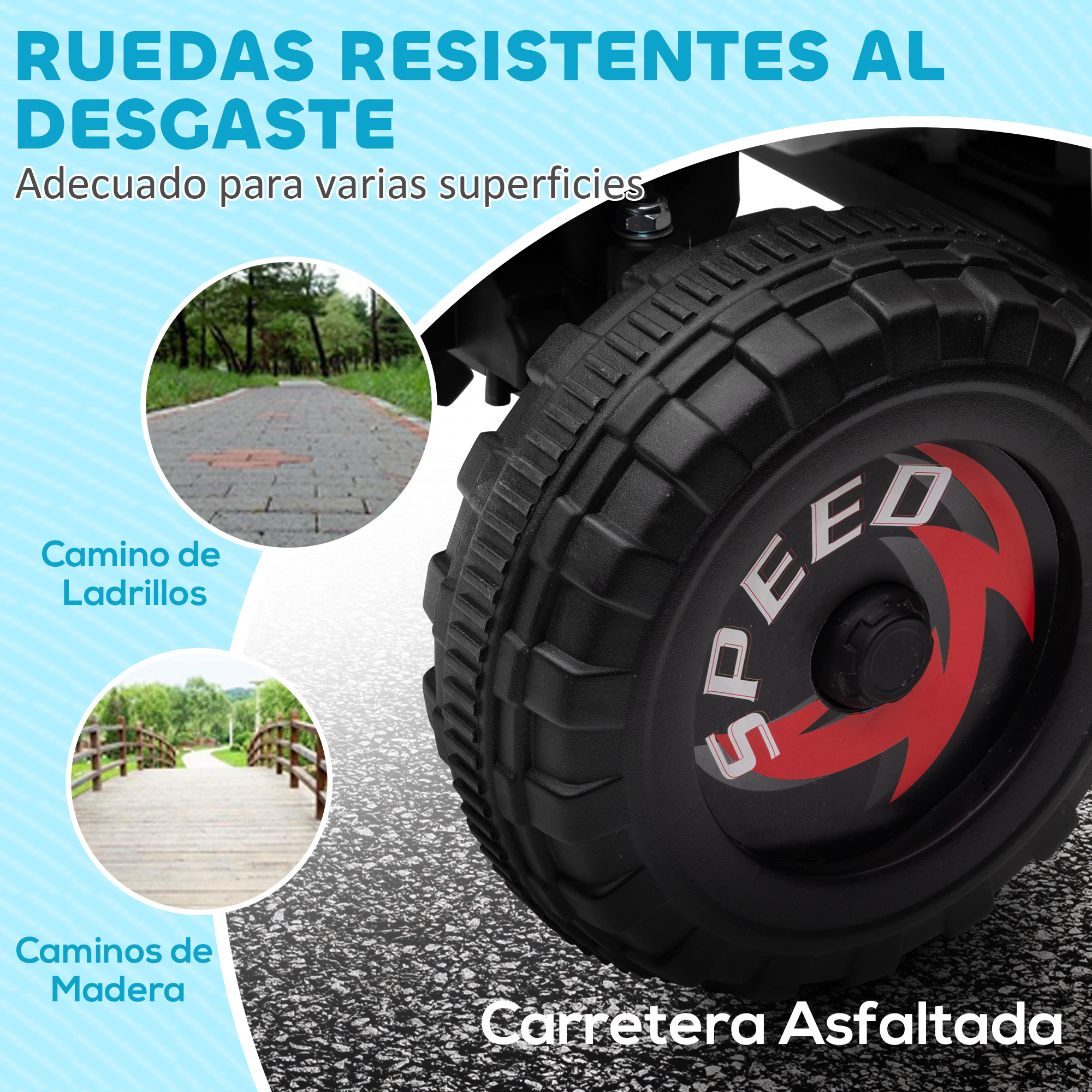Un neumático sobre asfalto, con imágenes de camino de ladrillos y puente de madera.
