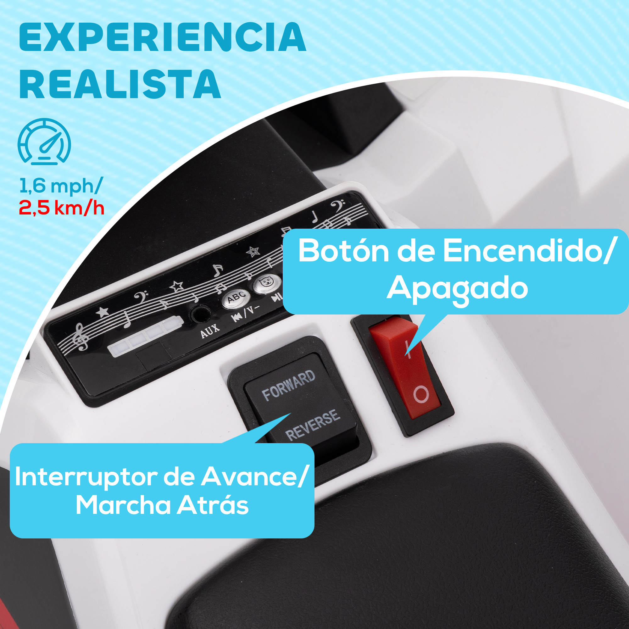 Primer plano de los controles de un coche de juguete: velocidad y dirección.