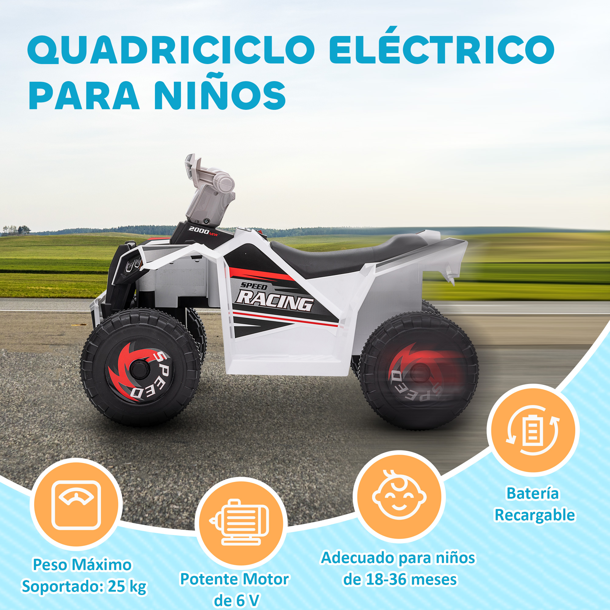 Un quad blanco para niños con texto "Speed Racing" en una carretera.