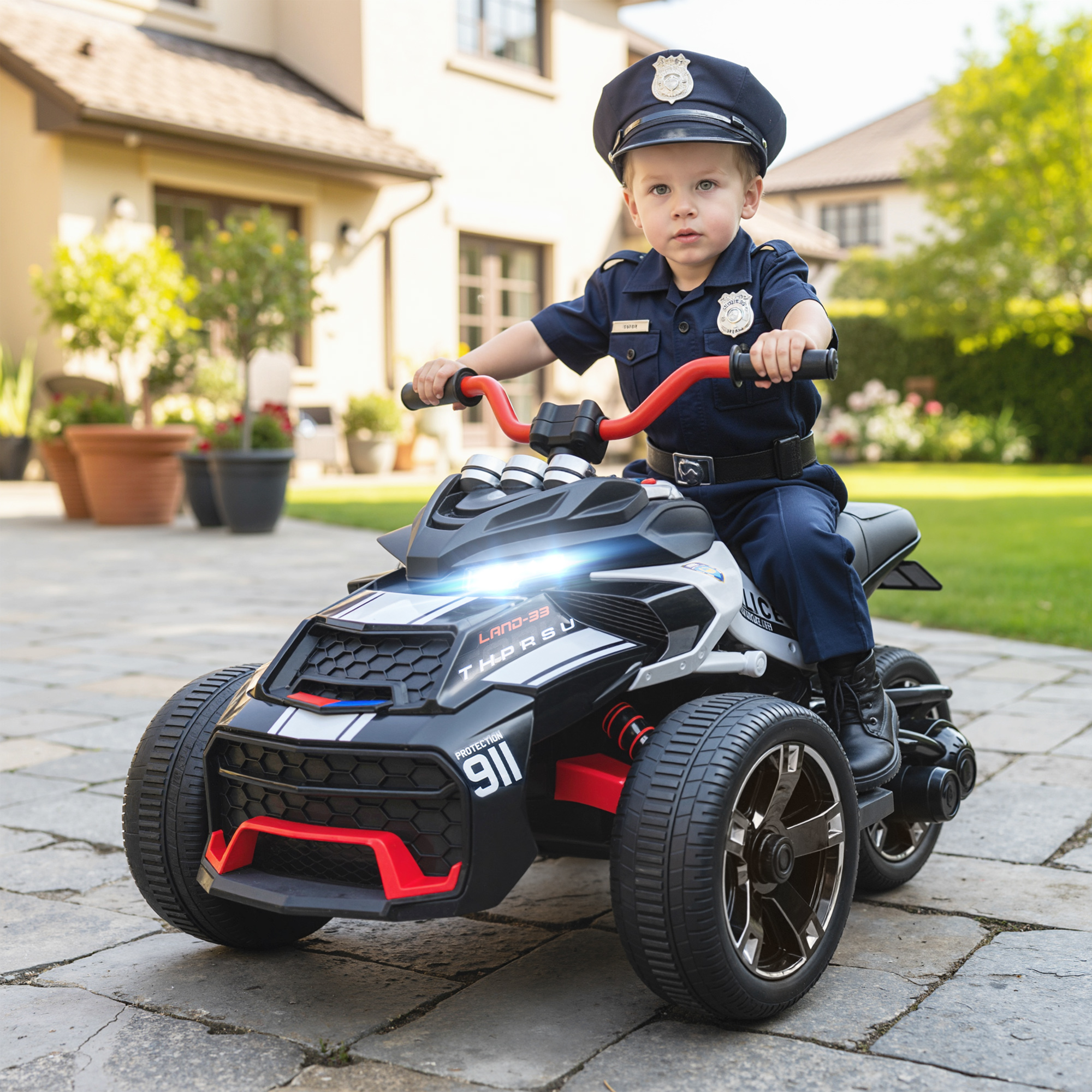 Un niño pequeño disfrazado de policía monta un ATV de policía de juguete en un patio.