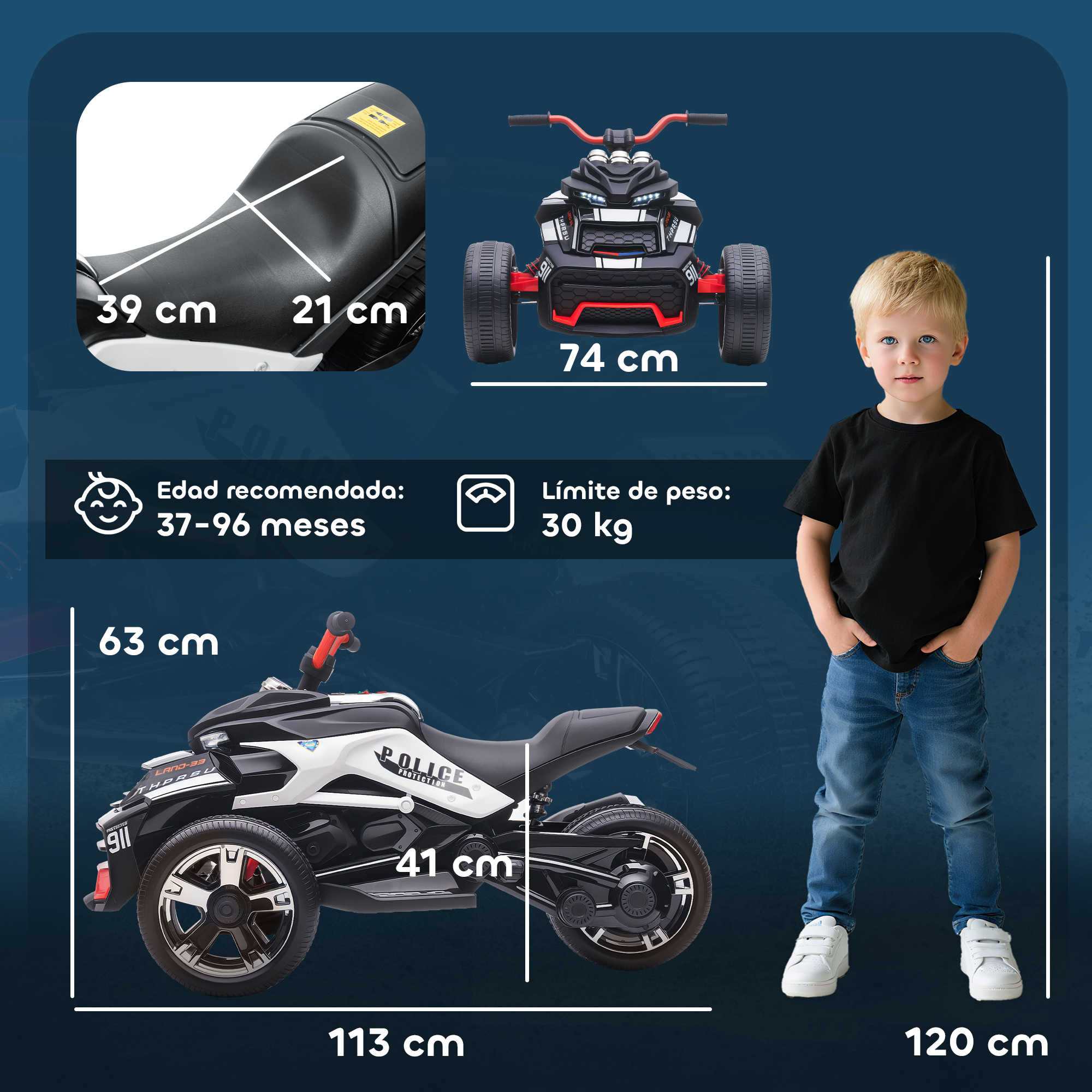 Un niño junto a una motocicleta de policía de juguete blanca con detalles rojos.